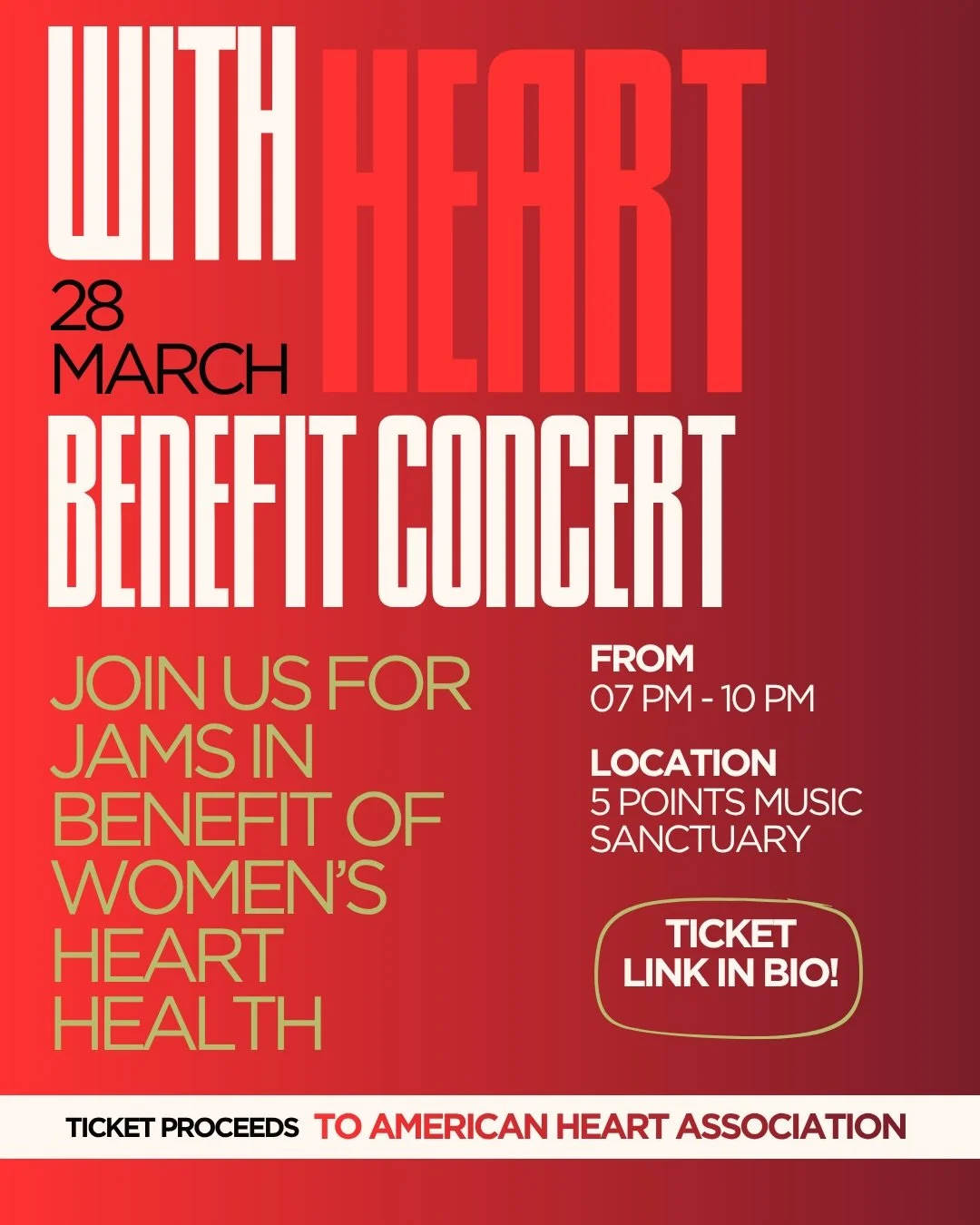 FRIENDS, FAMILY, CLIENTS (also fam), AND COMMUNITY OF ROANOKE!!!!! Tomorrow is the day where we come together and jam all in benefit of Women&rsquo;s Heart Health. 

Meet us at @5pointsmusicsanctuary for the show. Doors open at 6:30 PM! Big Lick Toni