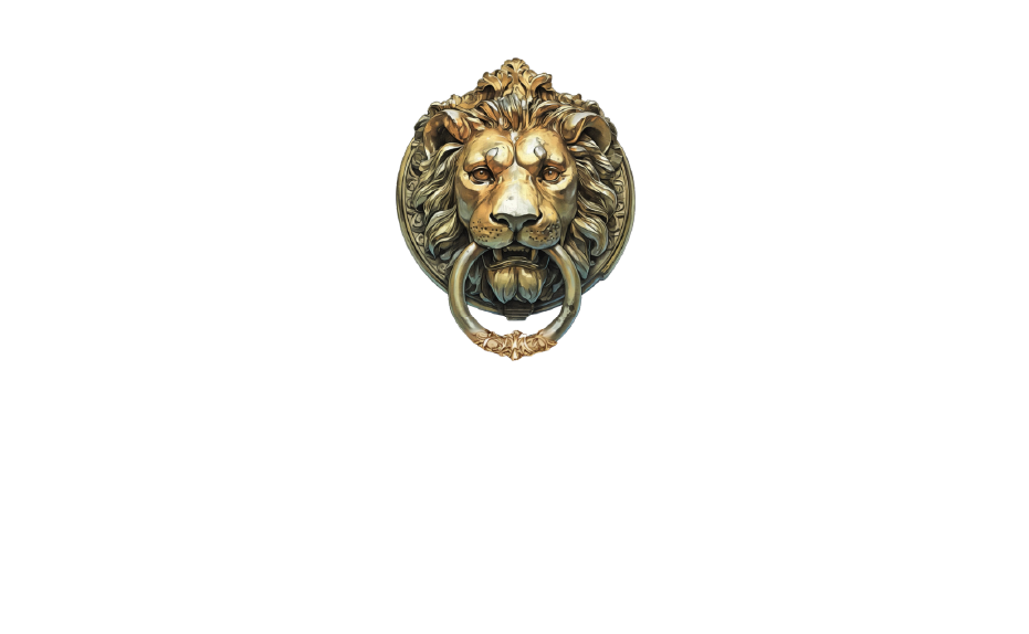 Logo featuring a golden lion's head door knocker with a handle shaped like a lion's mouth.