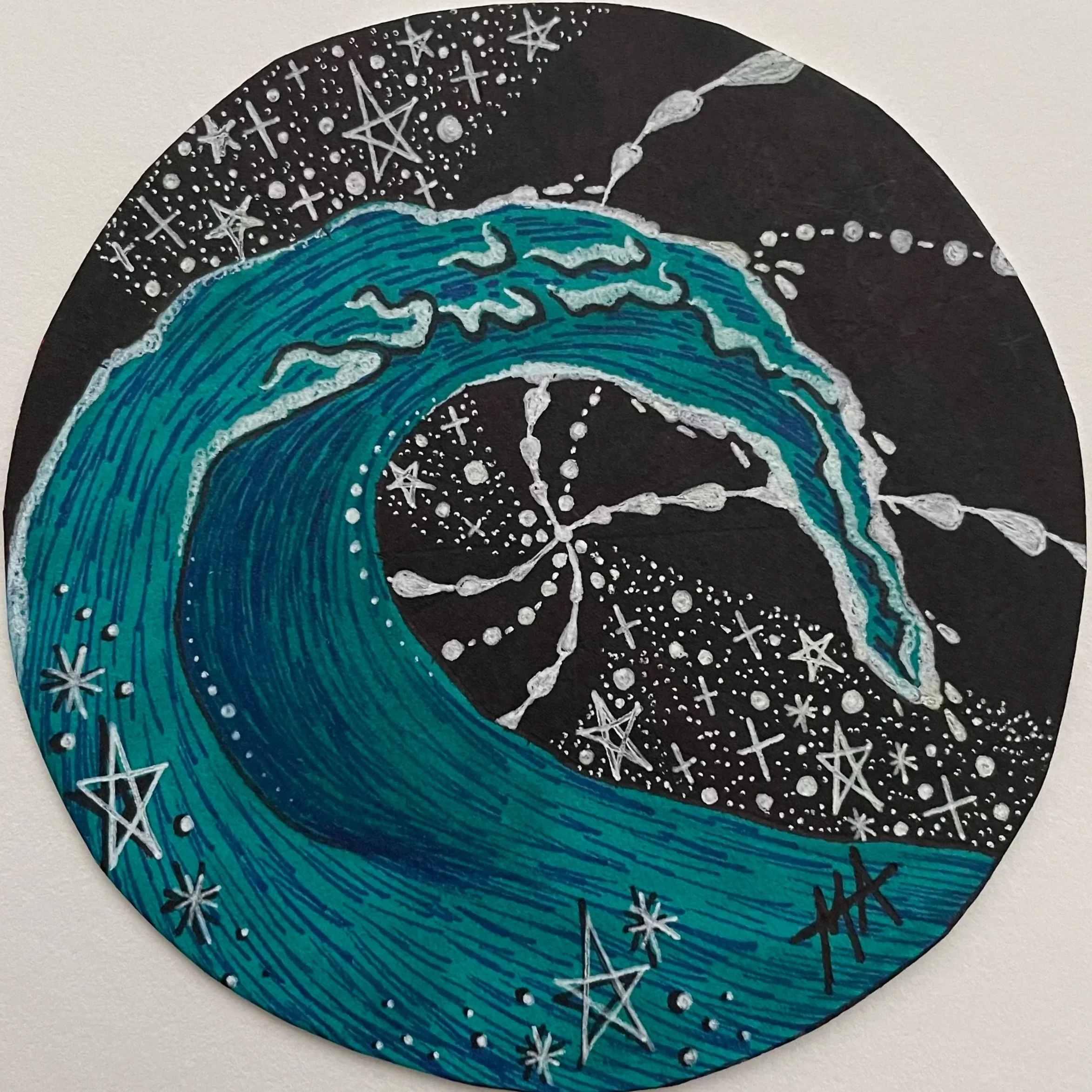 A circular artwork depicting a stylized ocean wave in shades of blue with white accents, set against a black background filled with stars, celestial patterns, and cosmic symbols.