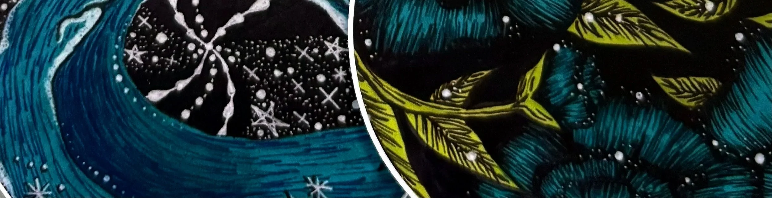 Close-up of two fabric sections with detailed star and leaf patterns, one in blue and black with white stars, the other in yellow and black with leaf designs.
