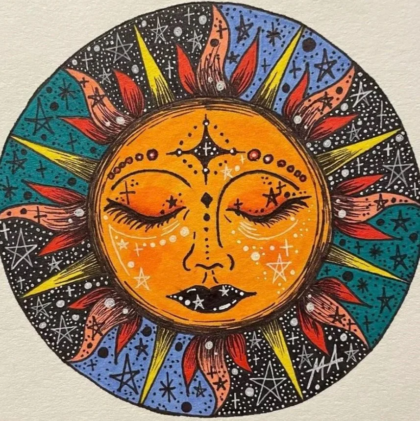 Colorful sun with a face, closed eyes, and closed lips, surrounded by a vibrant pattern of stars, dots, and abstract shapes in orange, yellow, red, blue, teal, and black colors.