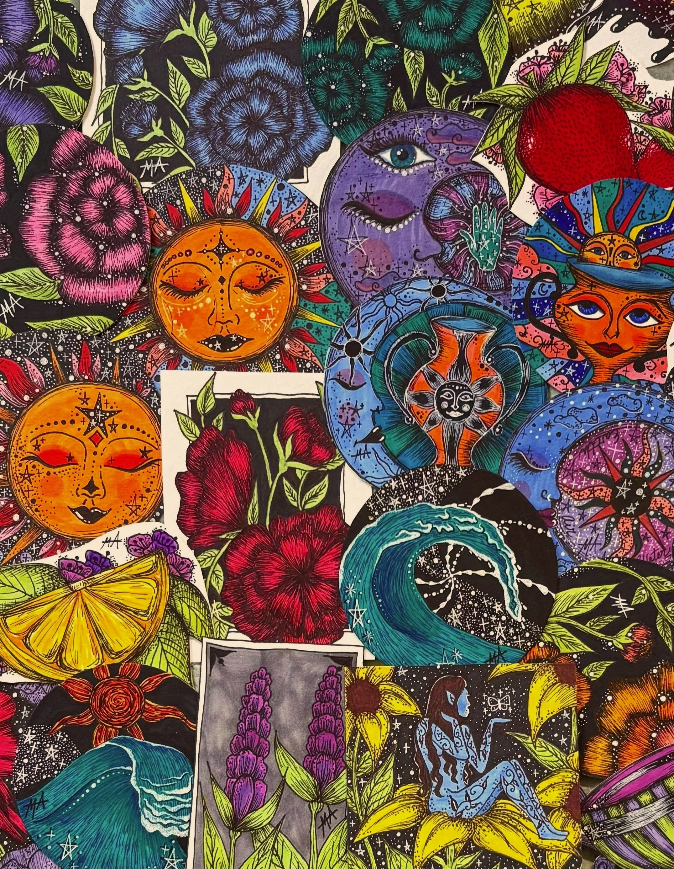 A collection of colorful, artistic tarot card-inspired illustrations featuring suns, moons, flowers, waves, and mythical characters with vibrant colors and intricate designs.