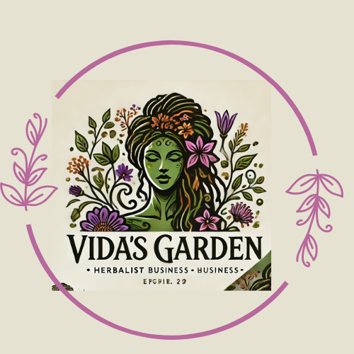 Logo for Vida's Garden featuring a green-skinned woman with long dreadlocks surrounded by colorful flowers and leaves, with the text 'Vida's Garden' and 'Herbalist Business'.