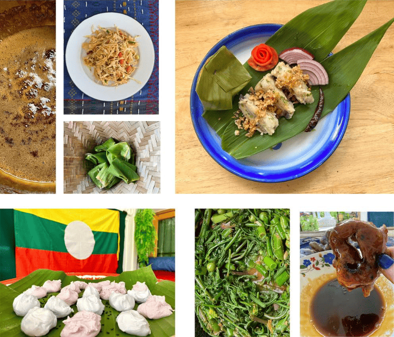 A collage of traditional dishes from Burkina Faso, including a bowl of peanut butter, a plate of shredded cooked meat or fish, leafy green vegetables, a plate of stuffed leaves, colorful steamed dumplings or rice cakes, sautéed greens, and a piece of meat with dipping sauce.