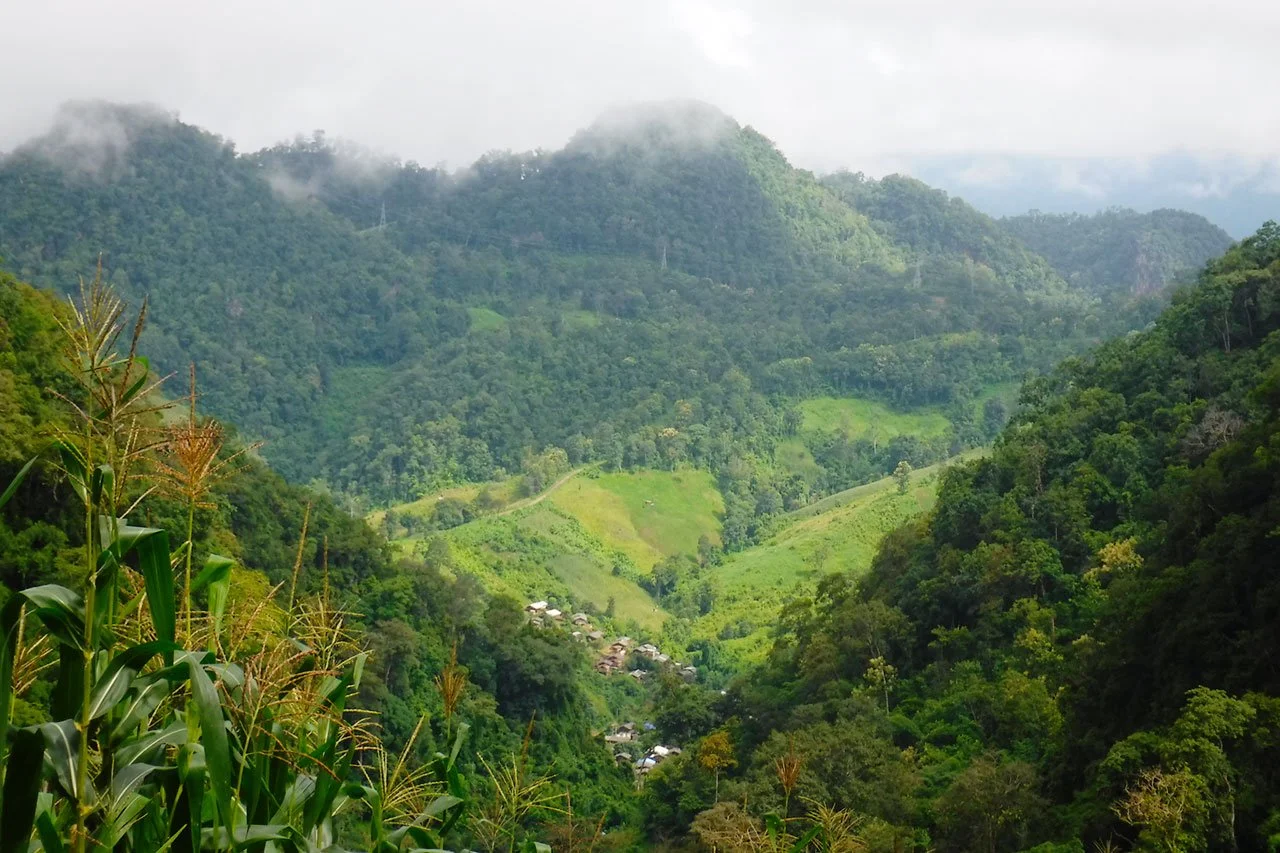 Lush green mountain landscape with cloudy sky and small village in valley.