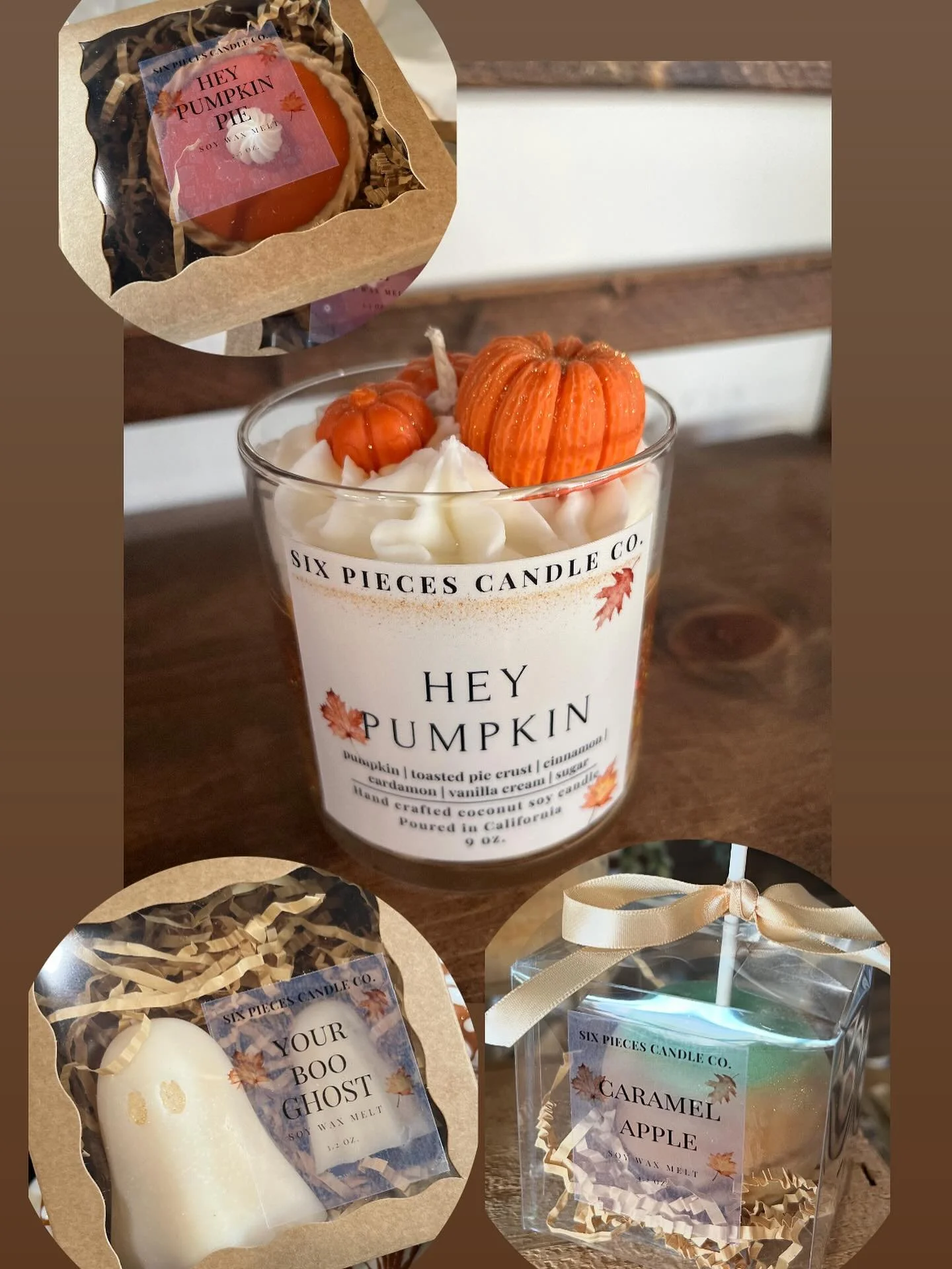 New fall scents have arrived🍁@sixpiecescandleco makes the most yummy candles and melts! Grab them before they are gone. Locally made, one of a kind. These make great gifts  #candles  #waxmelts #fallscents #rusticandmoderncollective #collectiveshoppi