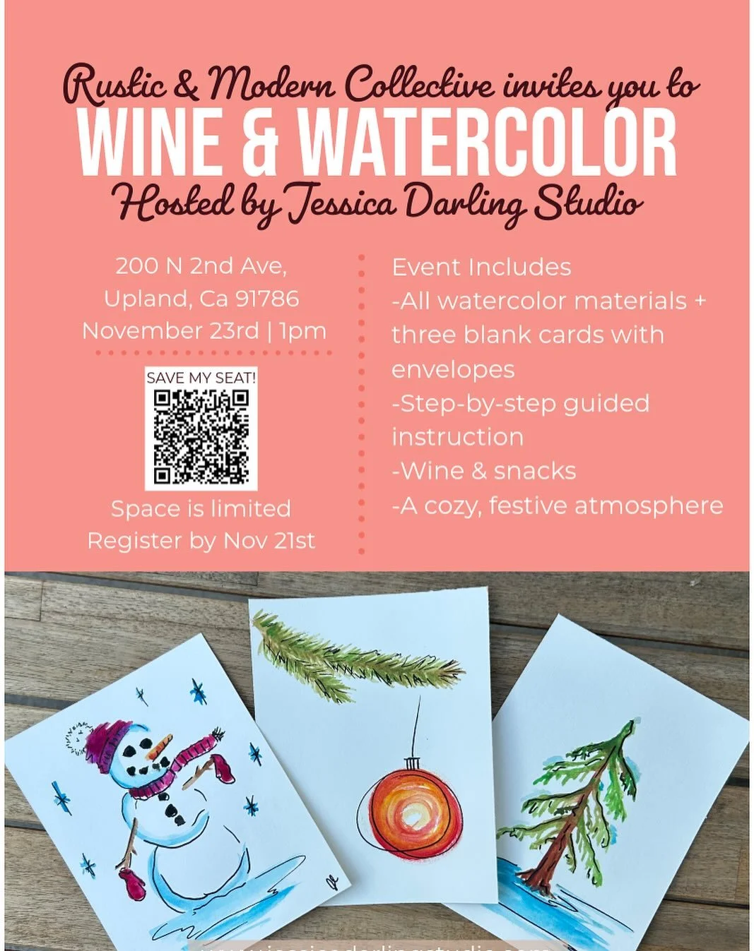 New class alert!! Wine &amp; Watercolor  Sip, paint and learn how to create your own hand-painted greeting cards, perfect for the holidays or special occasions. Enjoy an afternoon with us here in the boutique! Step by step instruction by Jessica @jes