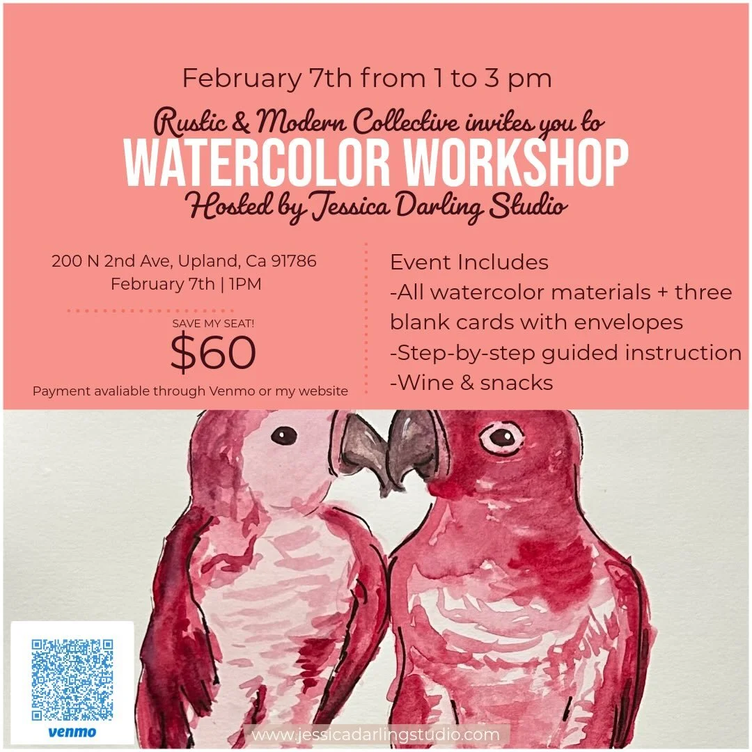 Join us for a cozy watercolor workshop. Jessica @jessicadarlingstudio will guide you step-by-step as you create beautiful painted cards. No experience needed. All supplies are included plus wine and light snacks to enjoy while you paint. Come relax, 