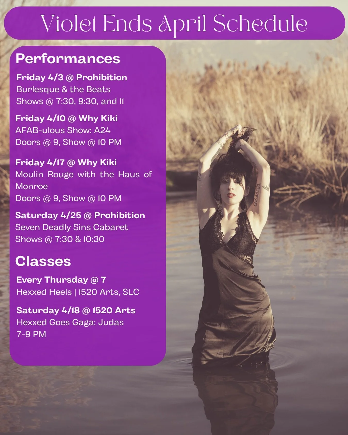 April showers bring&hellip;Violet flowers?! April shows bring a 100% chance of new acts and incredible shows! Come find me this month! 
-
Honored to be back at @whykikibar for two incredible shows with @afab.ulous and @theehausofmonroe! 
-
And always