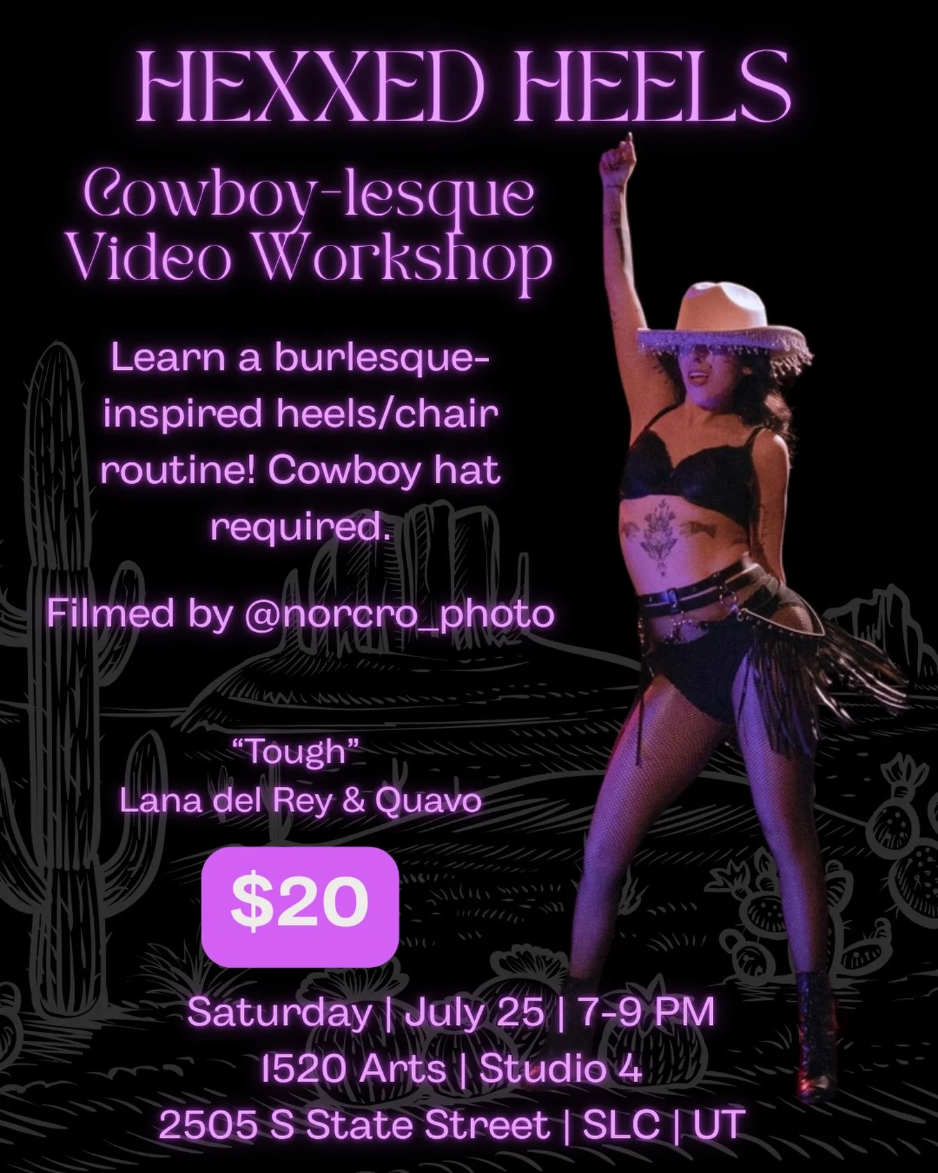 ‼️ NEW DATE ‼️ 🤠VIDEO WORKSHOP🤠
-
Saddle up, witches! Welcome to cowboy-lesque! Learn a burlesque-inspired routine with elements of chair dance and heels. Cowboy hat required 🤠🤠
-
We will be dancing to Tough by Lana Del Rey and Quavo, the perfect