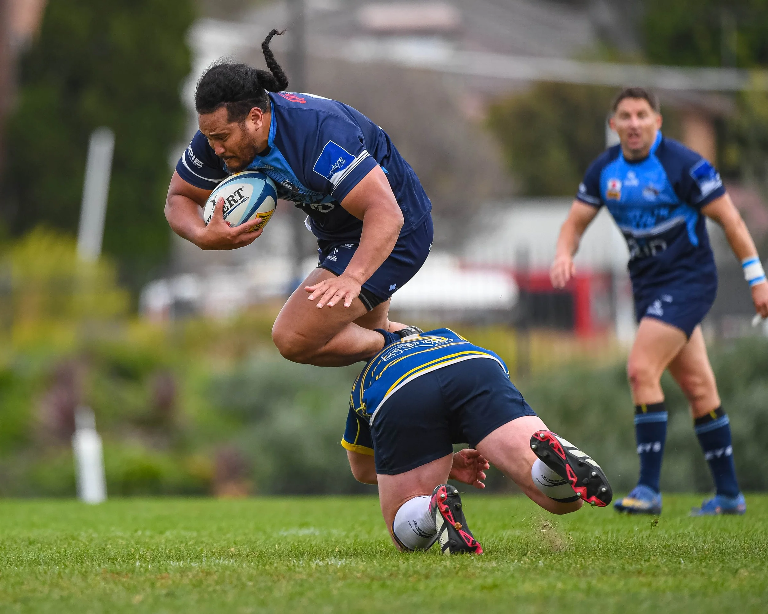 Two rugby players in blue uniforms are on the field; one is holding a rugby ball, jumping over another player on the ground, while a third player in the background runs toward them.