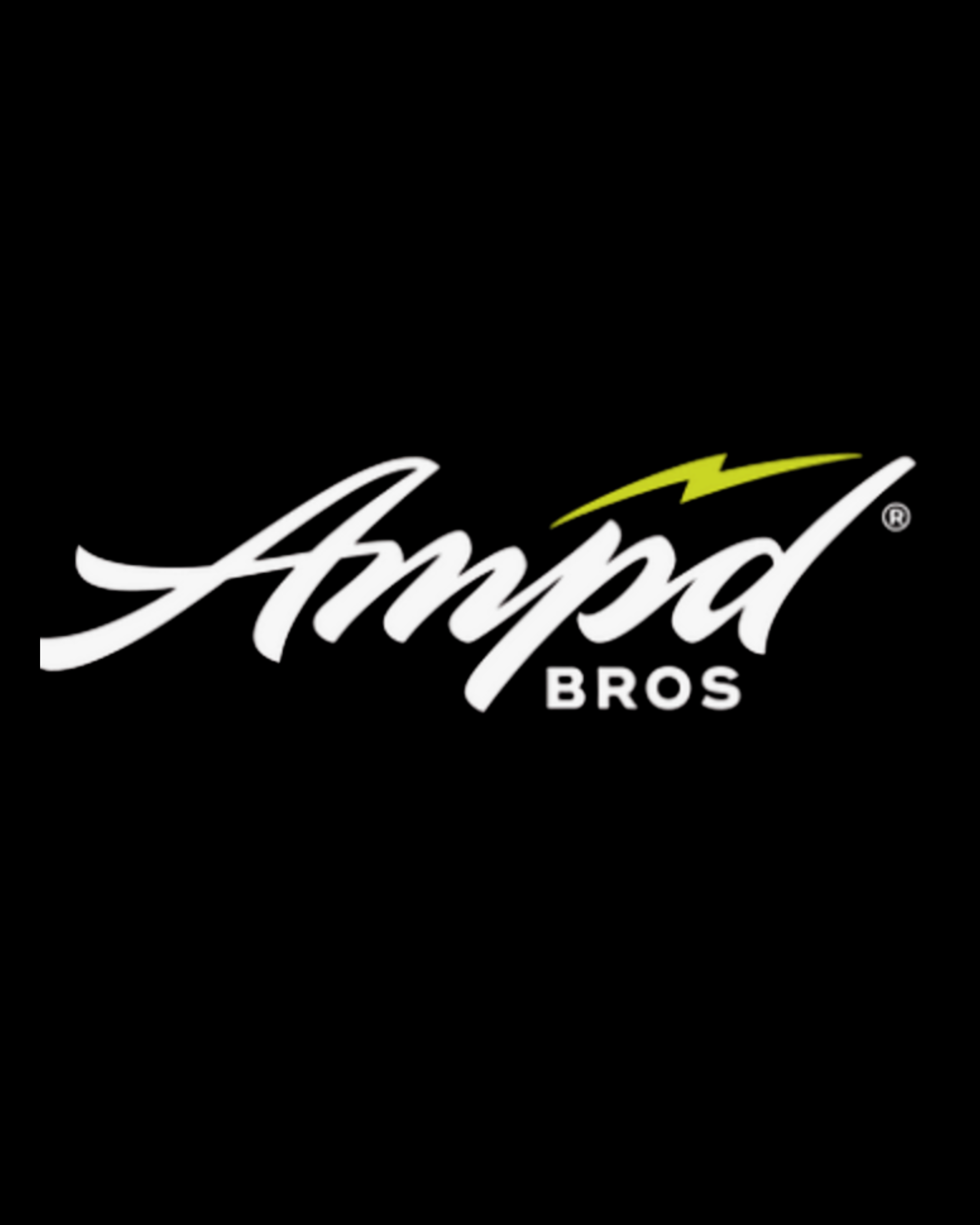 A logo with the text 'Ampd Bros' in white, cursive font, with a yellow lightning bolt above the 'p' and 'd', on a black background.