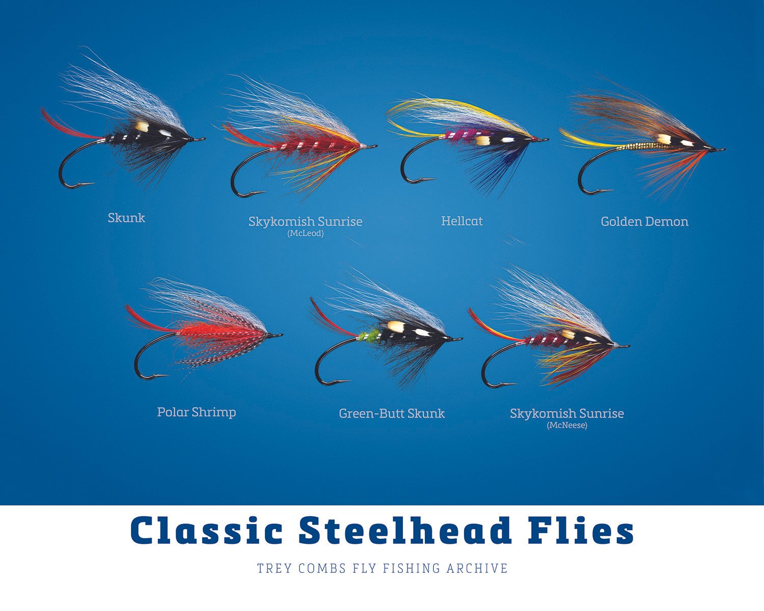 Classic steelhead fly pattern plate featuring Skunk, Skykomish Sunrise, Hellcat, Golden Demon, Polar Shrimp, and Green-Butt Skunk tied by Dave McNeese