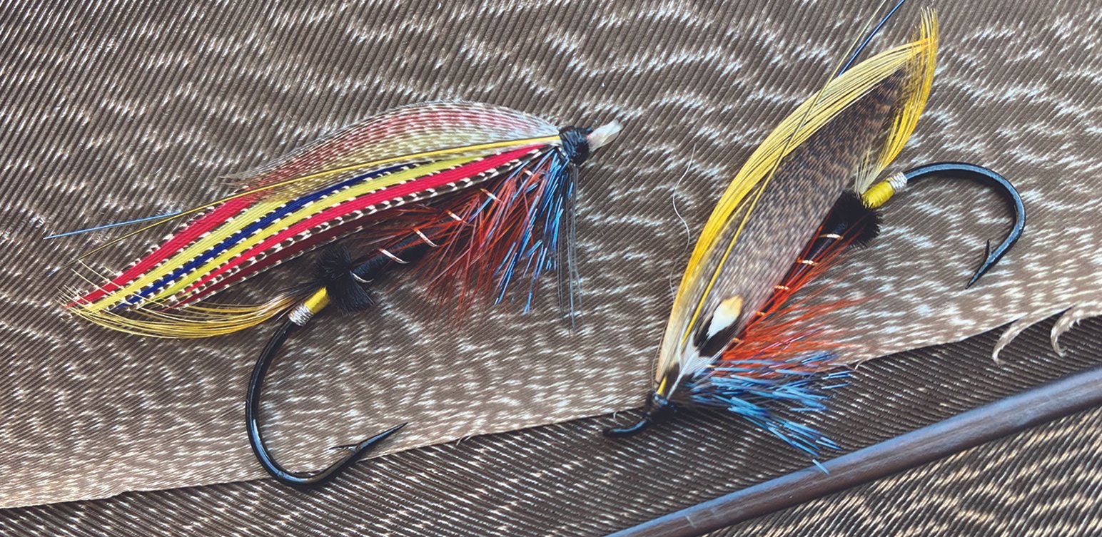 Classic Thunder and Lightning salmon fly tied in Victorian style with married wing sections and gold ribbed black body
