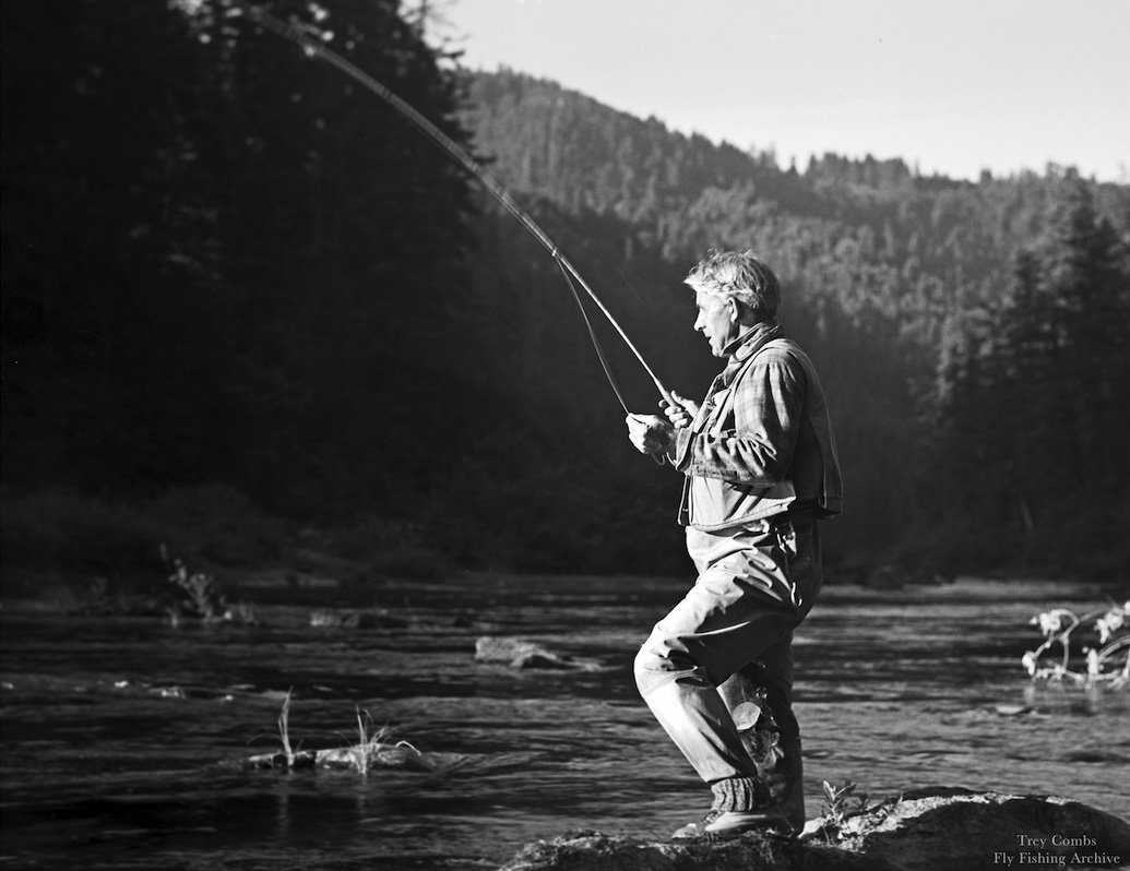 Archival Legacy Plate #1: A classic black and white photograph of author Zane Grey fly fishing the North Umpqua River's famed emerald waters.