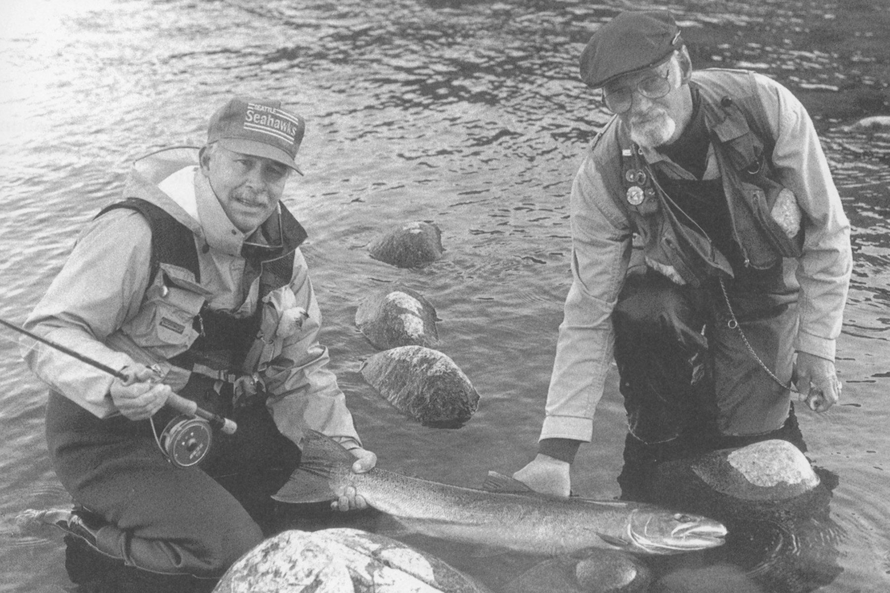 Trey Combs and Harry Lemire holding a Thompson River buck.