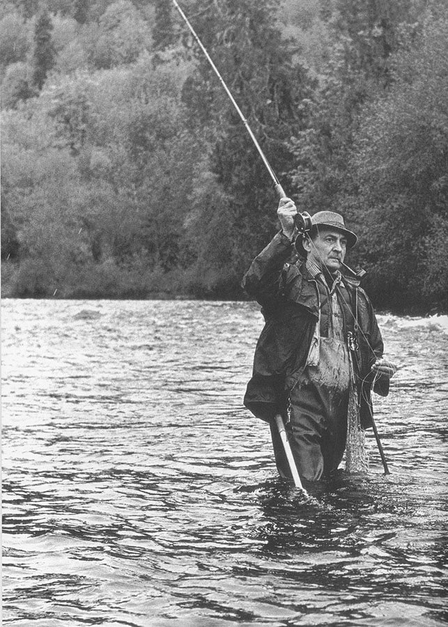 Roderick Haig-Brown fly fishing on the Campbell River in British Columbia