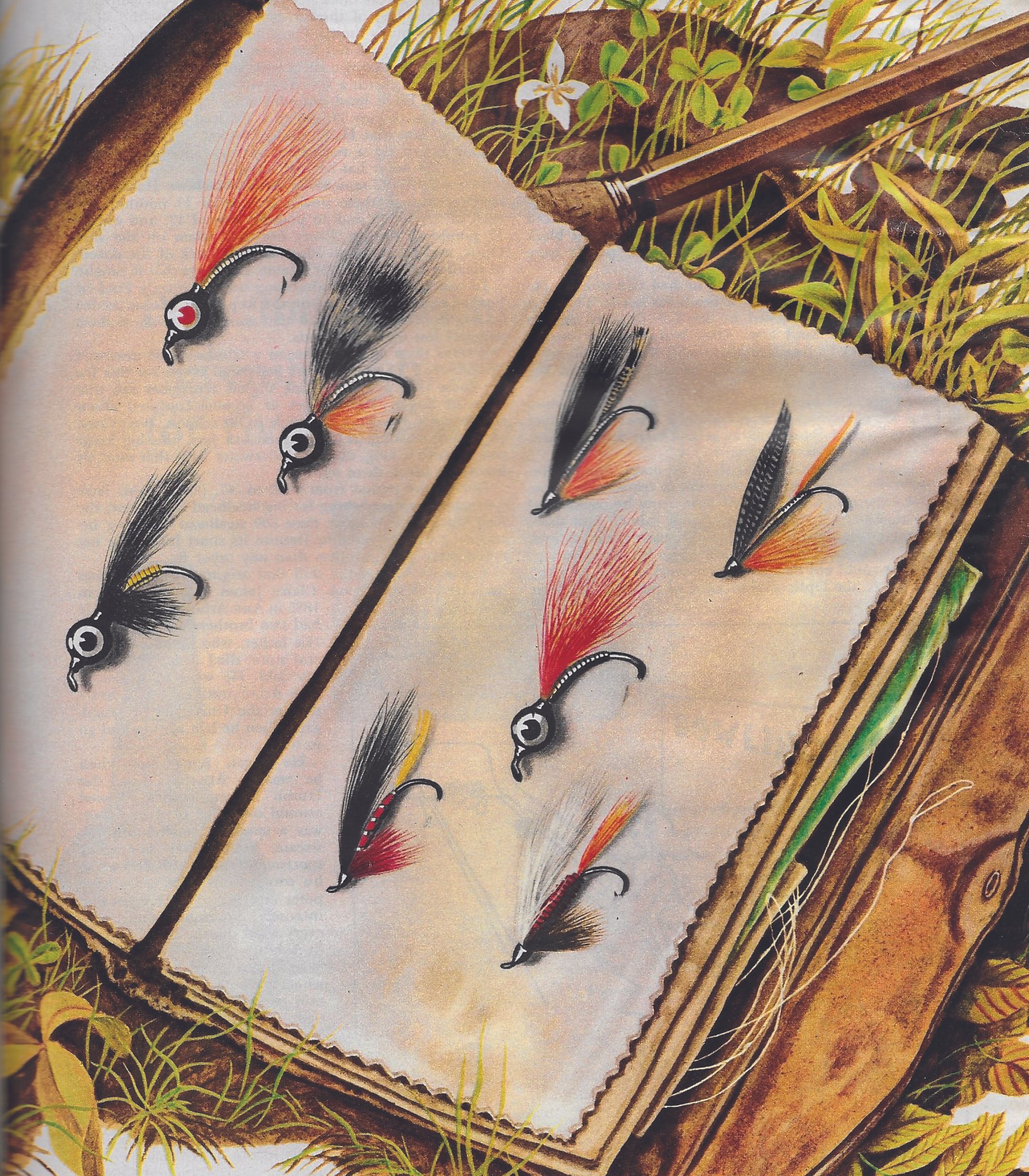 This painting by noted New York illustrator—and avid Atlantic salmon angler—John Atherton of steelhead flies tied by C. Jim Pray appeared in the April 1952 issue of True magazine.