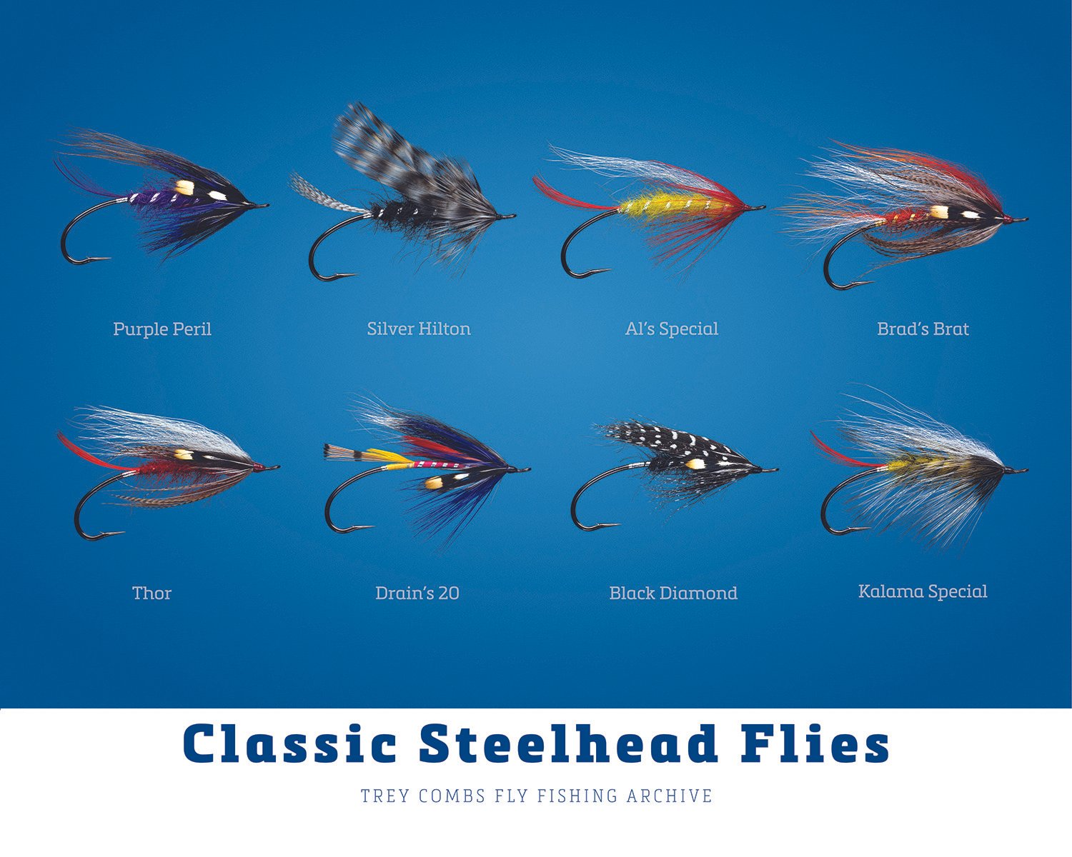 Classic steelhead flies plate with Purple Peril, Silver Hilton, Brad’s Brat, Thor, Drain’s 20, Black Diamond, and Kalama Special tied by Dave McNeese