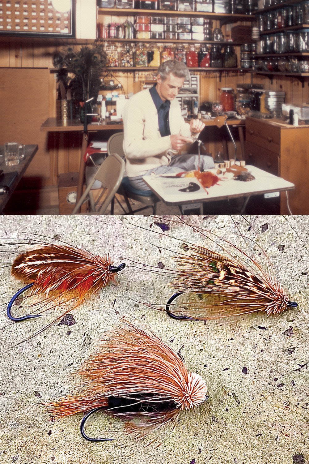 A vertical composite image showing legendary fly tier Harry Lemire at his workbench in Black Diamond, Washington (top), and three specific steelhead flies—the Fall Caddis, Thompson River Caddis, and Grease Liner—resting on a stone surface (bottom).