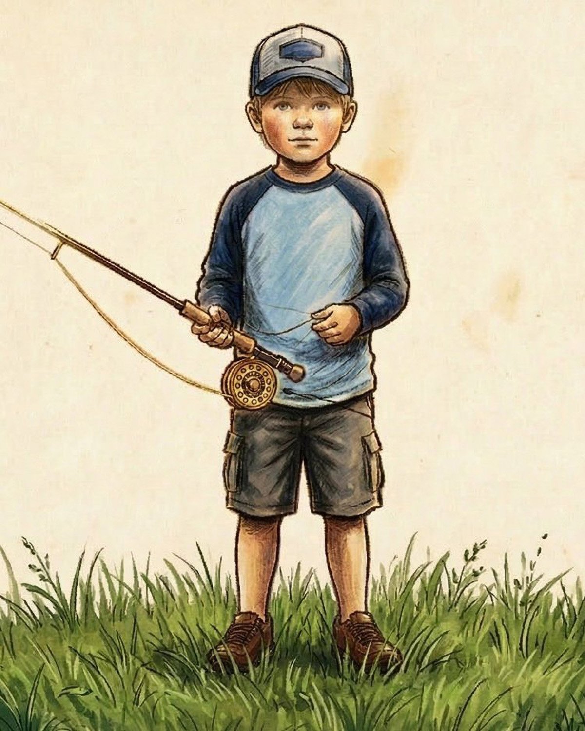 Cotton fly fishing character casting a fly rod on a river, kids fly fishing book series Fly Fishing with Cotton