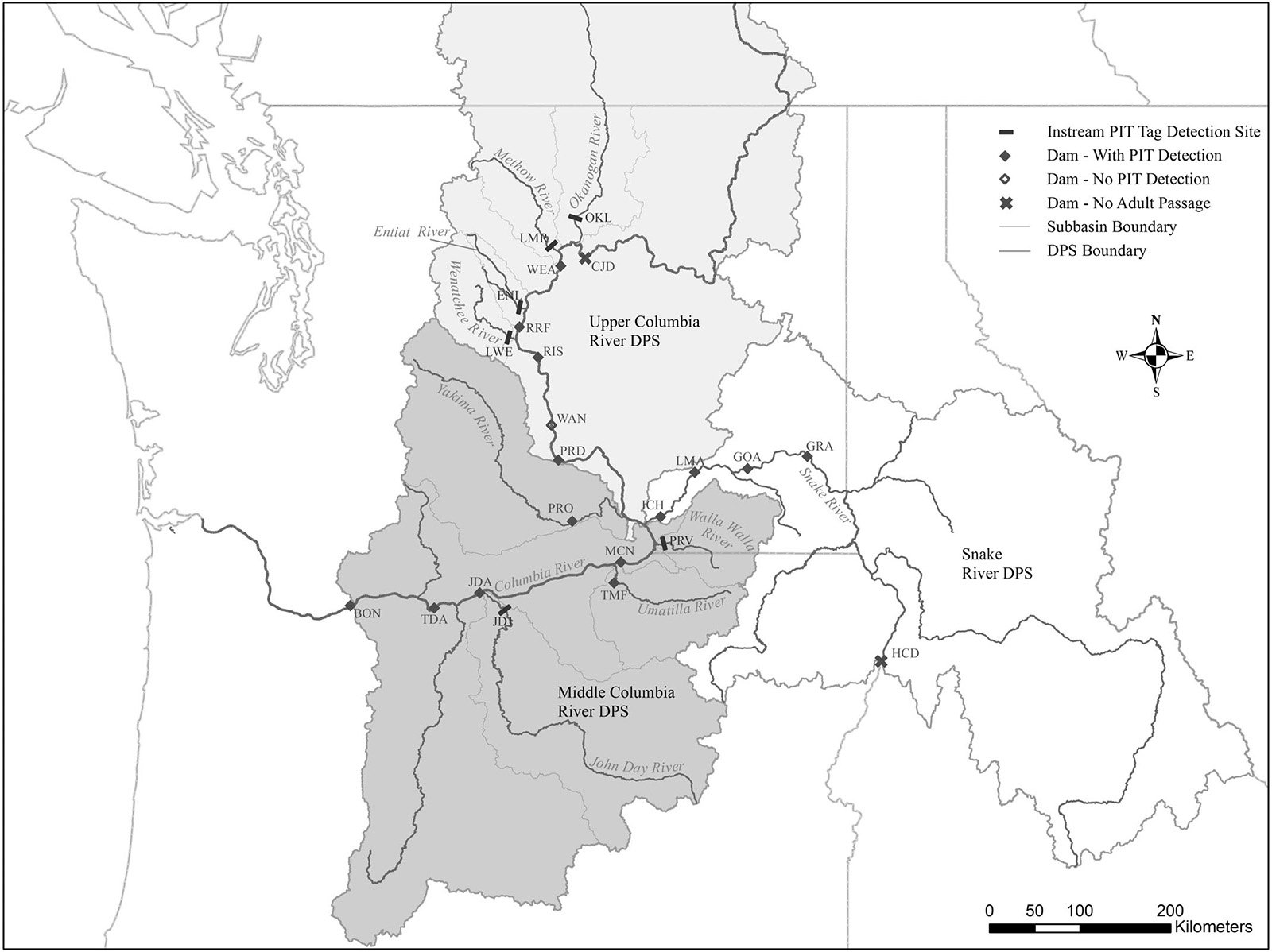 Map of the Columbia and Snake River study area showing major dams, rivers, and PIT tag detection sites used to track overshoot and fallback steelhead.