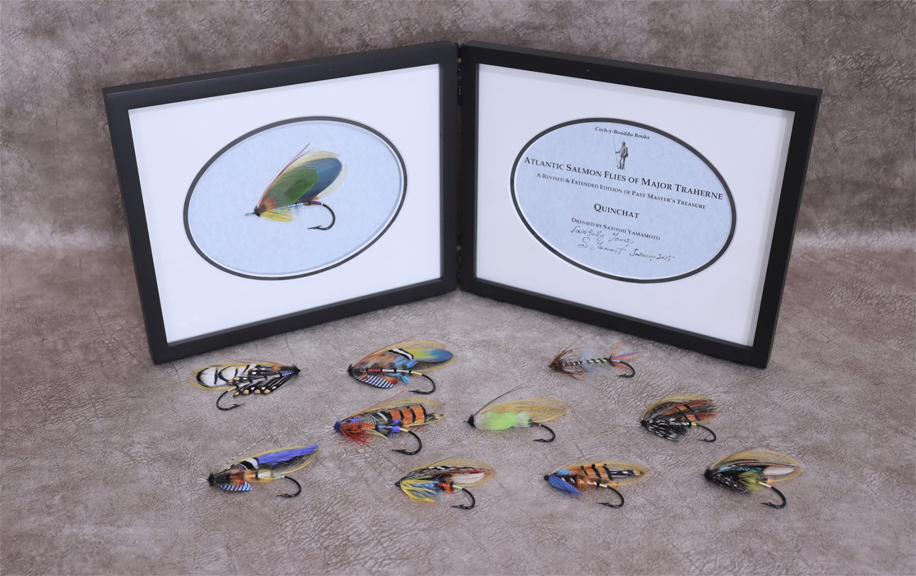 An example of Satoshi’s framed atlantic salmon flies