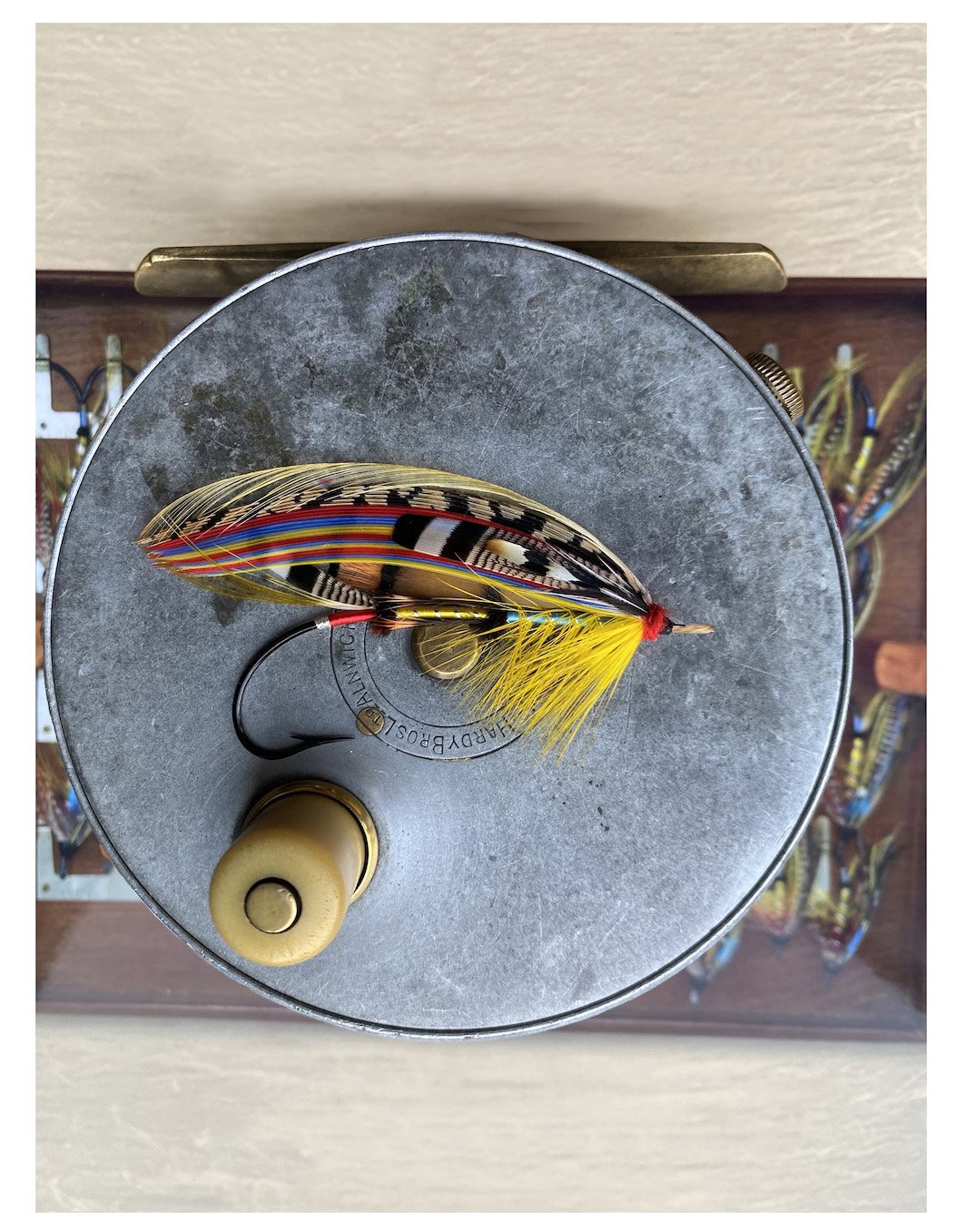 Archival Fly Pattern Plate #1: A Carnegie classic salmon fly, dressed by Will Bush with historical accuracy to George M. Kelson's 1895 specifications, featuring married wings and period-correct materials.