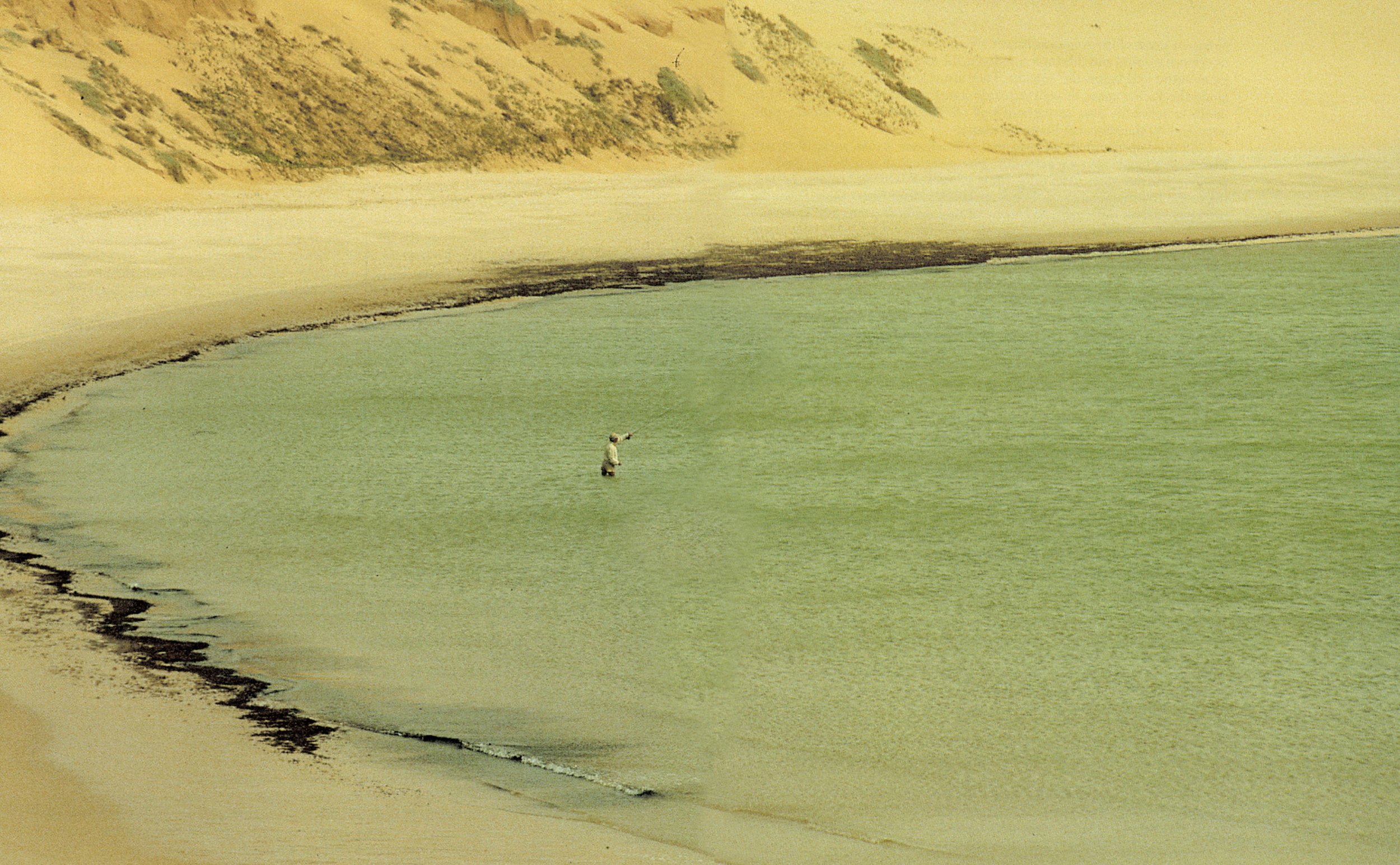 Image of Trey Combs casting for trevally on the north coast of Bazaruto Island, Mozambique, from Bluewater Fly Fishing.