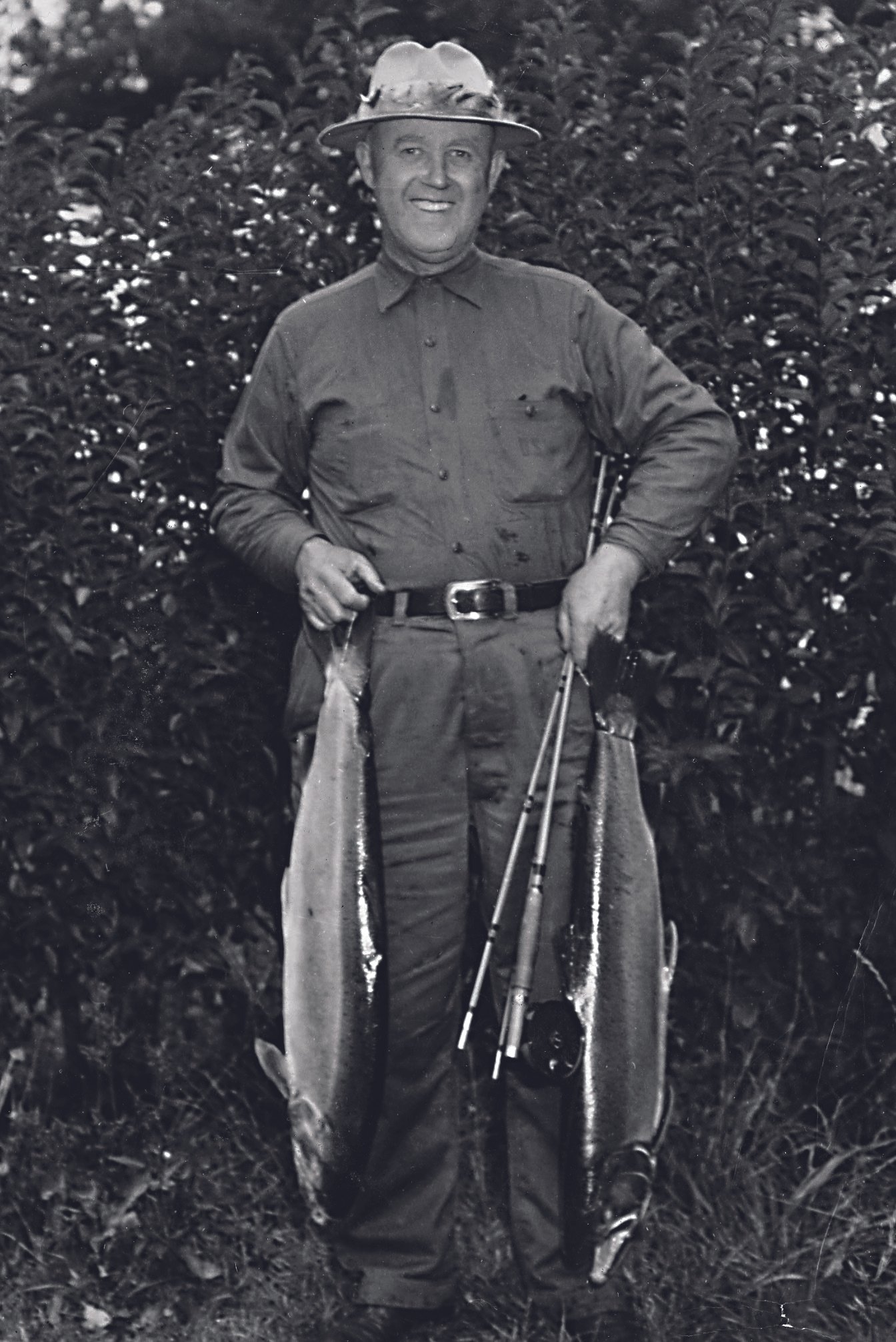 C. Jim Pray with a nice brace of steelhead. His fly shop in Eureka, California was a magnet for fly fishers from everywhere intrigued with the thought of catching steelhead on fly. He was the guru.