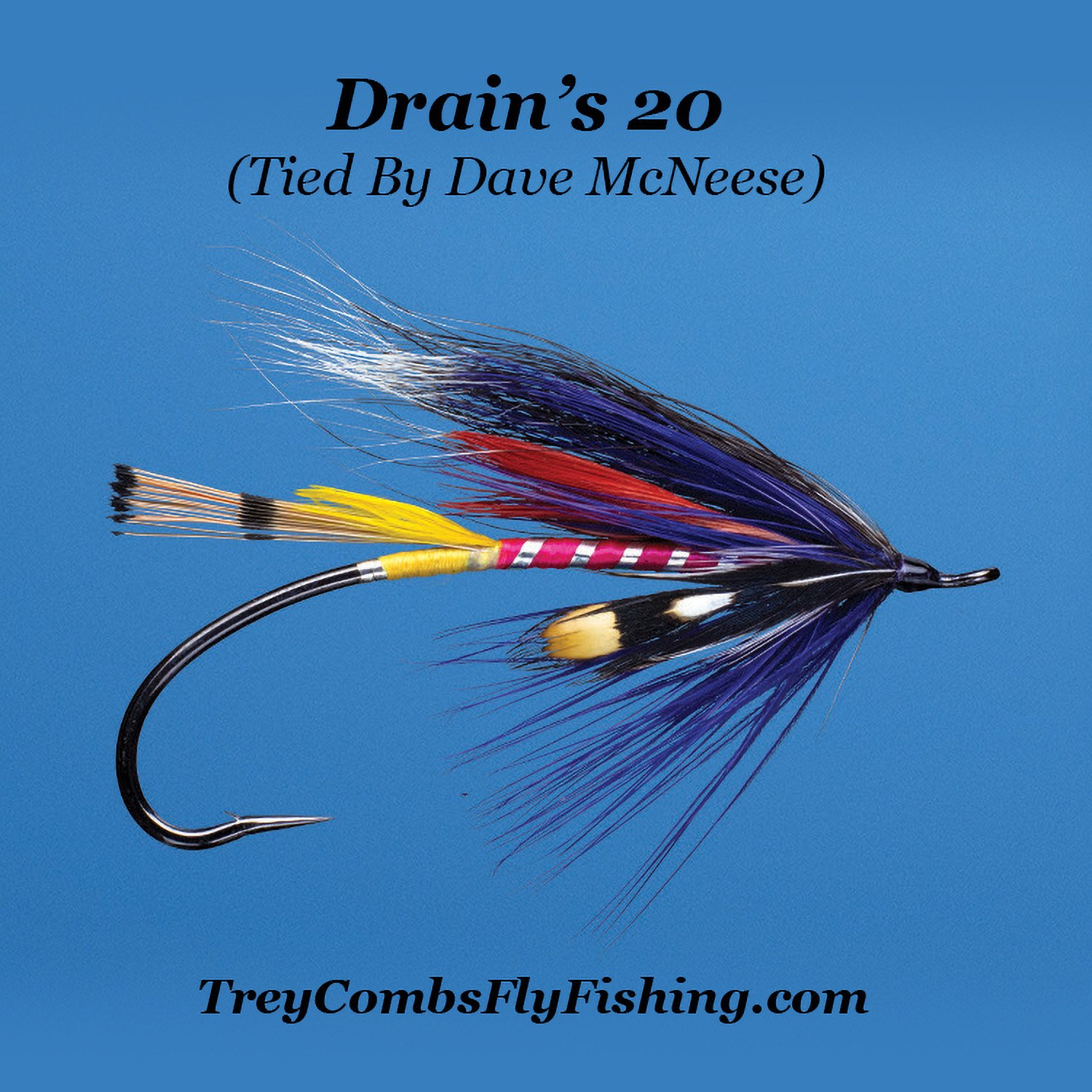 Drain’s 20 steelhead fly pattern with a red body, gray squirrel wing, purple hackle, jungle cock cheeks, and silver ribbing.