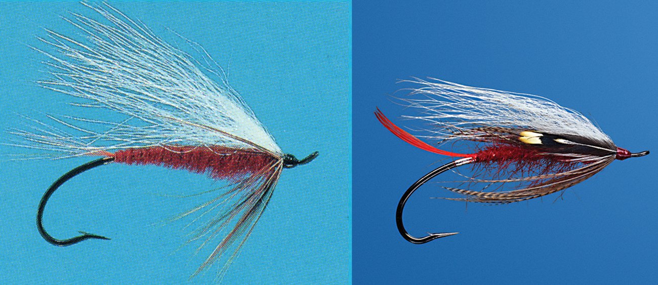 Two versions of C. Jim Pray’s Thor pattern, both tied by Dave McNeese. Left: the original dressing, featured in Steelhead Fly Fishing (1991). Right: a reimagined version, featured in Flies for Atlantic Salmon & Steelhead (2023).