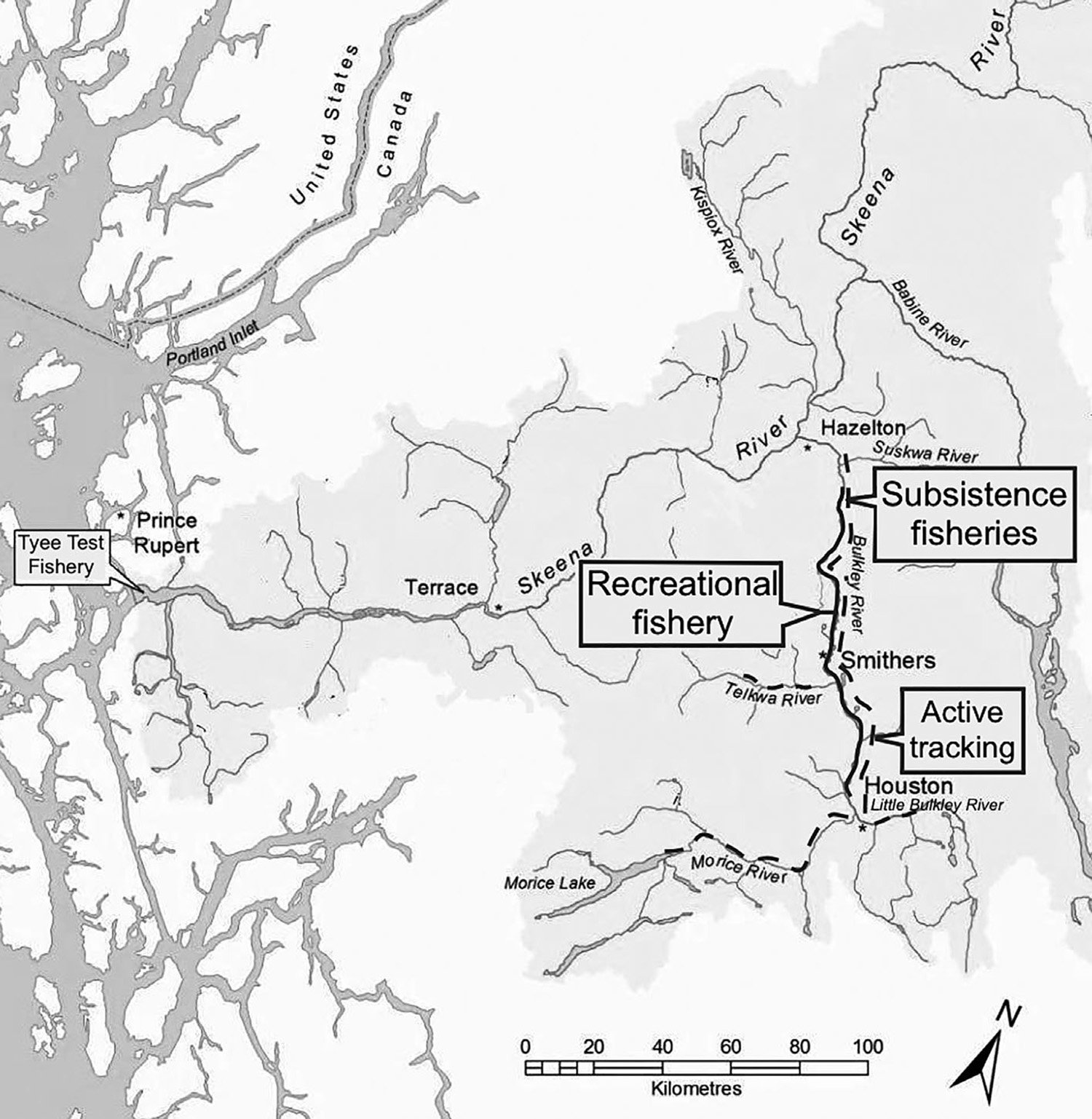 A map of the Skeena River watershed highlighting the Skeena, Bulkley, and Morice rivers
