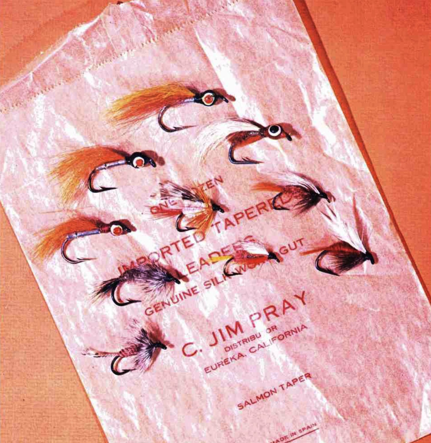 Original flies tied by C. Jim Pray, pictured in The American Fly Fisher. The accompanying article identifies the museum’s collection as a donation from Dr. Stanwood Schmidt of Eureka, a longtime friend of Pray.