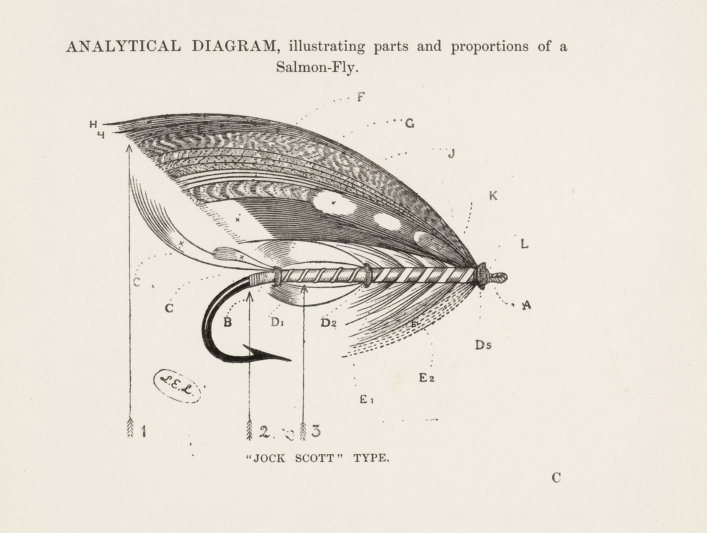 Diagram of a salmon fly showing labeled parts including tag, tail, body, hackle, and wing (Kelson, 1895)