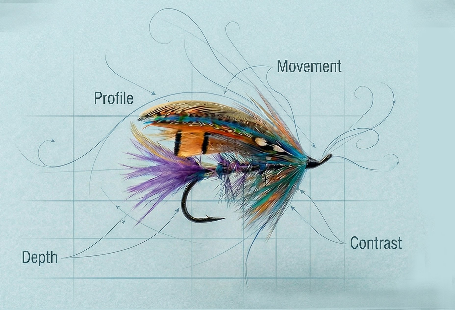 AI-assisted fly pattern design diagram showing a steelhead fly with annotations for profile, movement, depth, and contrast.