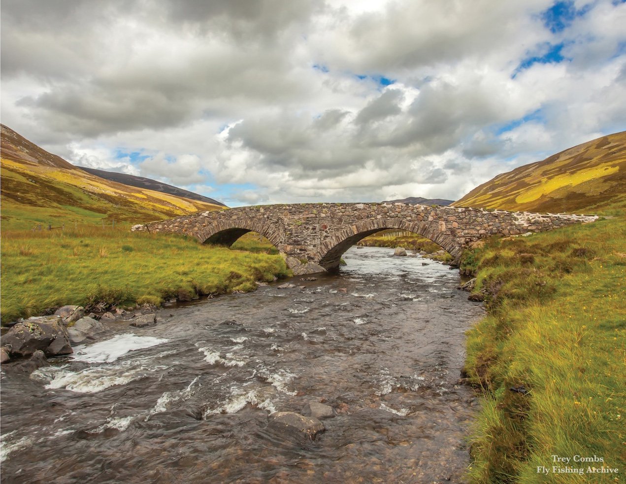 Archival River Plate #2: A scenic view of the River Dee in the Scottish Highlands, featuring the flowing salmon water where Arthur H. E. Wood developed greased-line fishing techniques.
