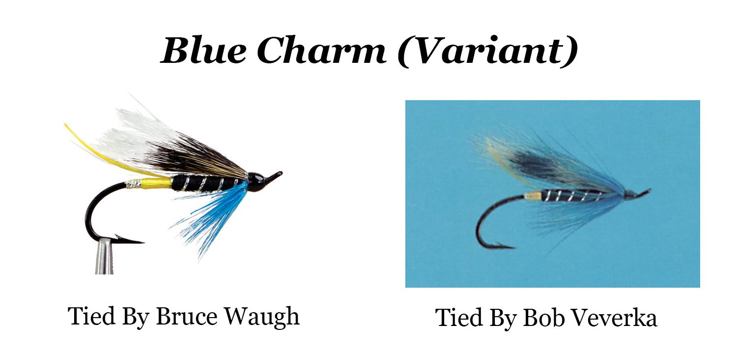 Two Blue Charm salmon fly variants with yellow tags shown side by side. The fly on the left was tied by Bruce Waugh and presented by W. W. Doak and Sons Ltd.; the fly on the right was tied by Bob Veverka for Steelhead Fly Fishing.