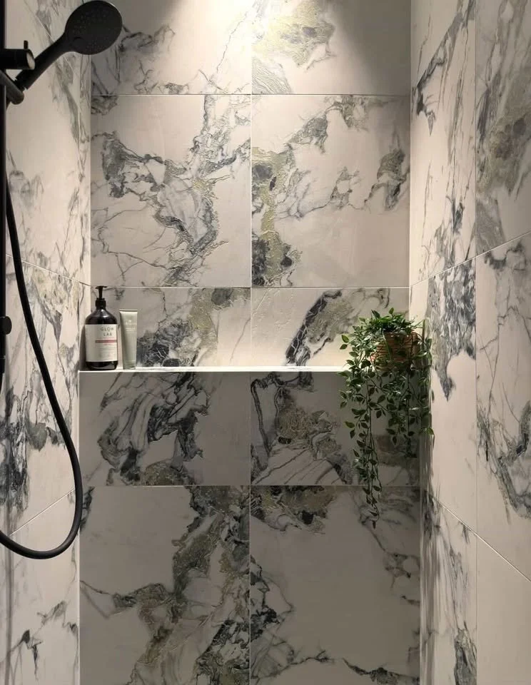Marble-tiled shower with a black showerhead, a built-in shelf with a bottle and tube, and a hanging green plant.