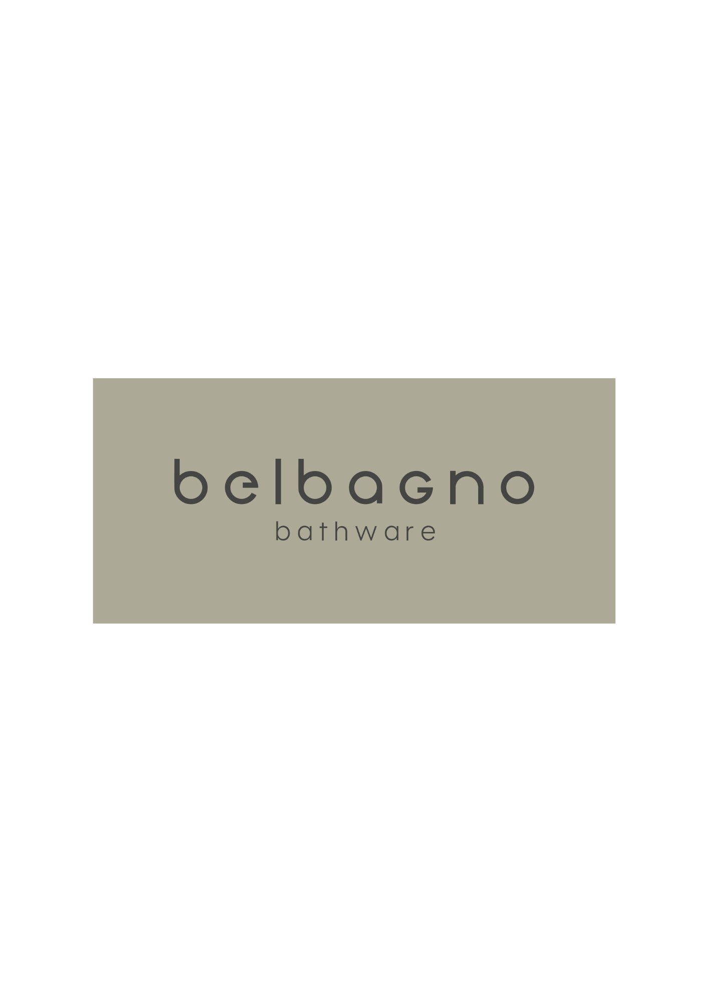 Logo of Belbagno Bathware on a gray rectangle background against a white backdrop.