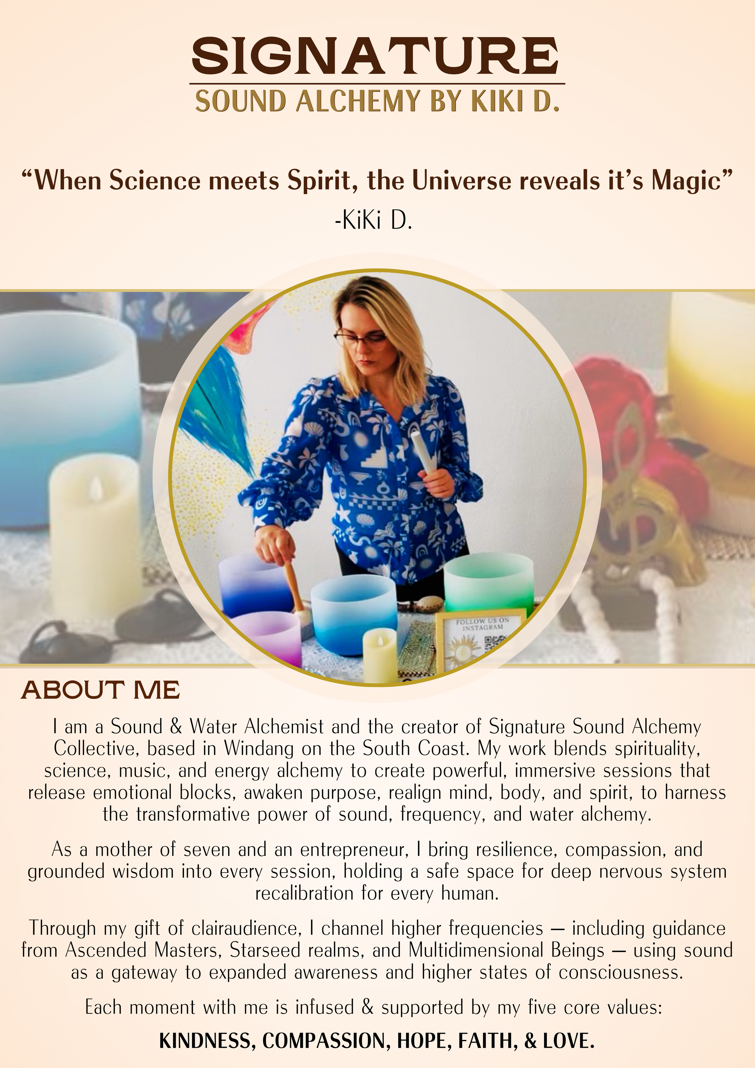 A promotional flyer for Signature Sound Alchemy by KiKi D., featuring a woman in a blue patterned shirt with sound bowls and candles on a table. The flyer includes a quote about science and spirit, and a detailed 'About Me' section describing KiKi D.