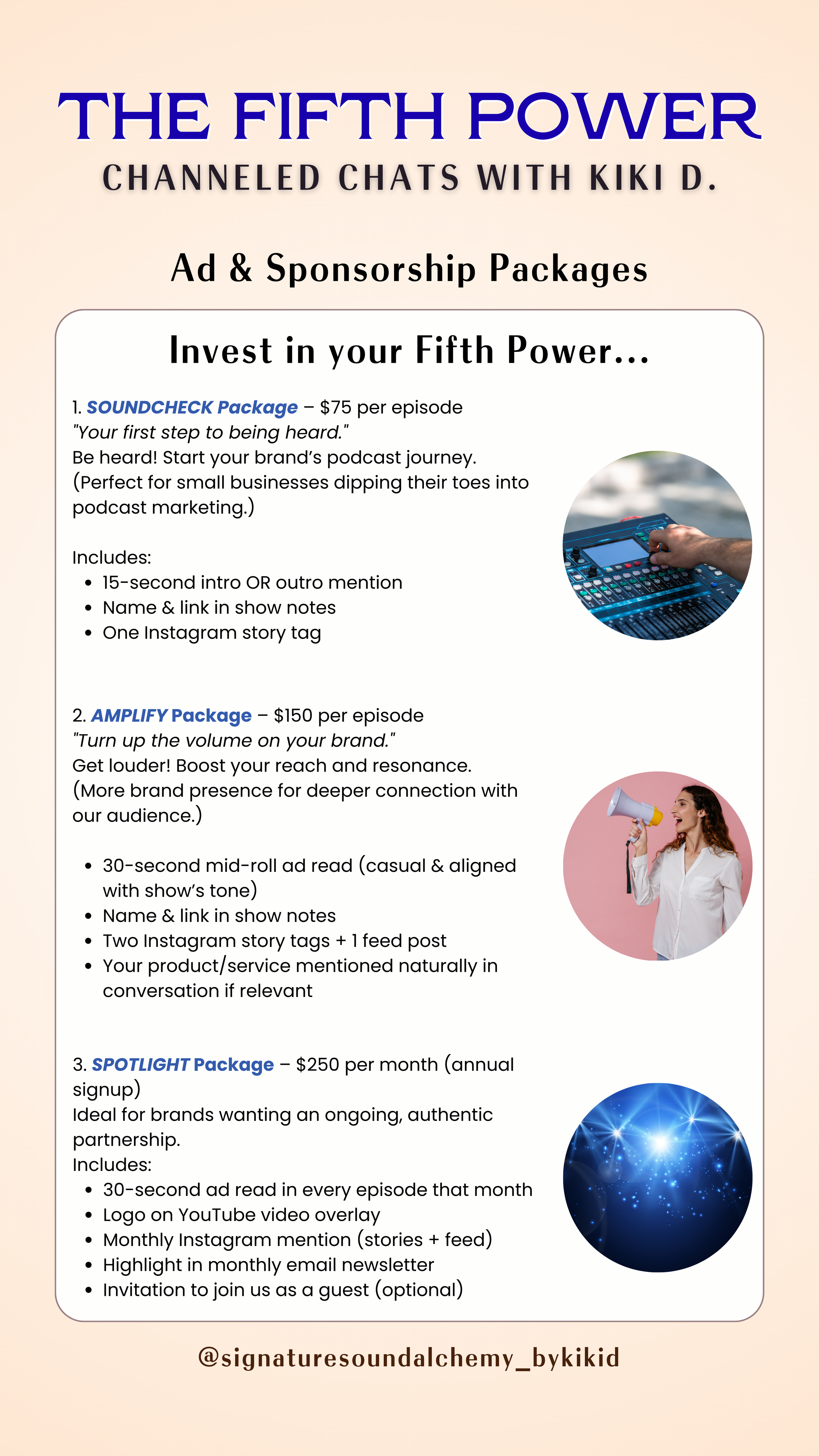 A promotional flyer for a podcast called The Fifth Power, featuring sponsored advertising packages with prices, descriptions, and benefits for three options: Soundcheck, Amplify, and Spotlight. There are images of audio equipment, a woman with a mega