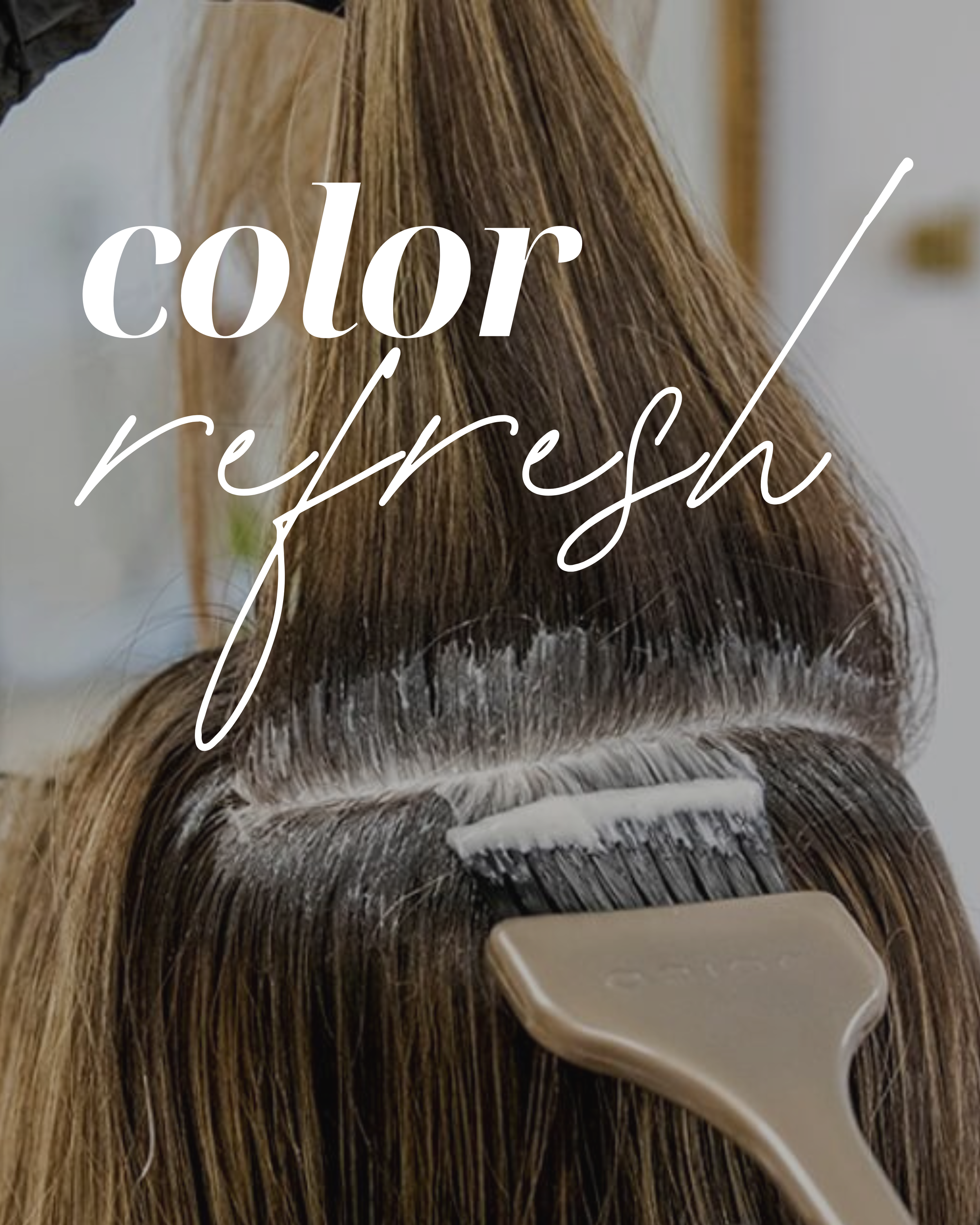 Close-up of a hairbrush applying conditioner to long, straight, highlighted brown hair, with the overlay text 'color refresh'.