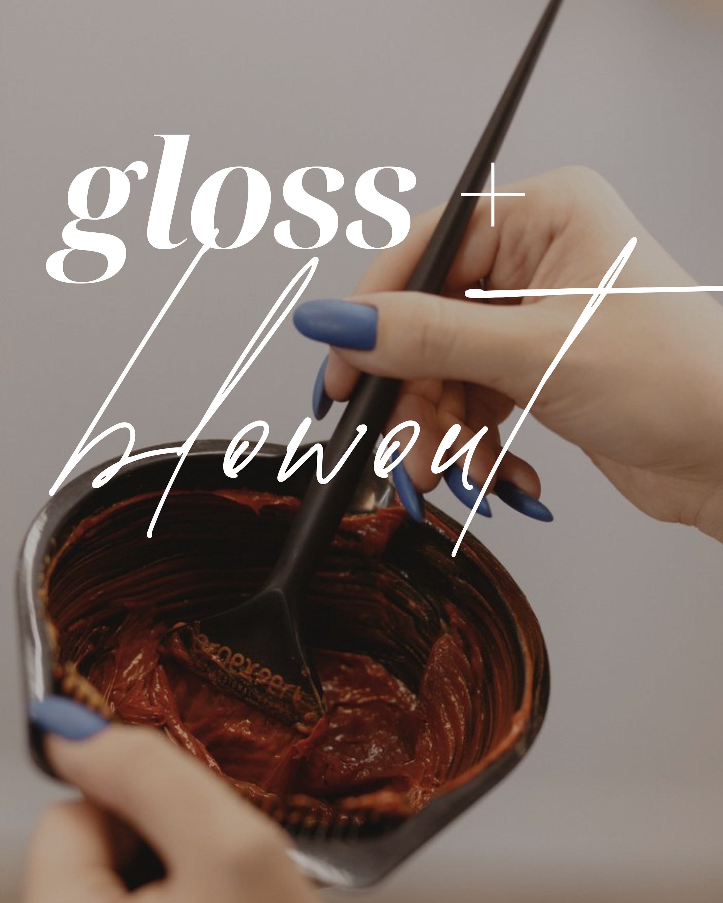 A person with blue painted nails holding a paintbrush over a container of brownish red fudge, with the words 'gloss + flow' written across the image.