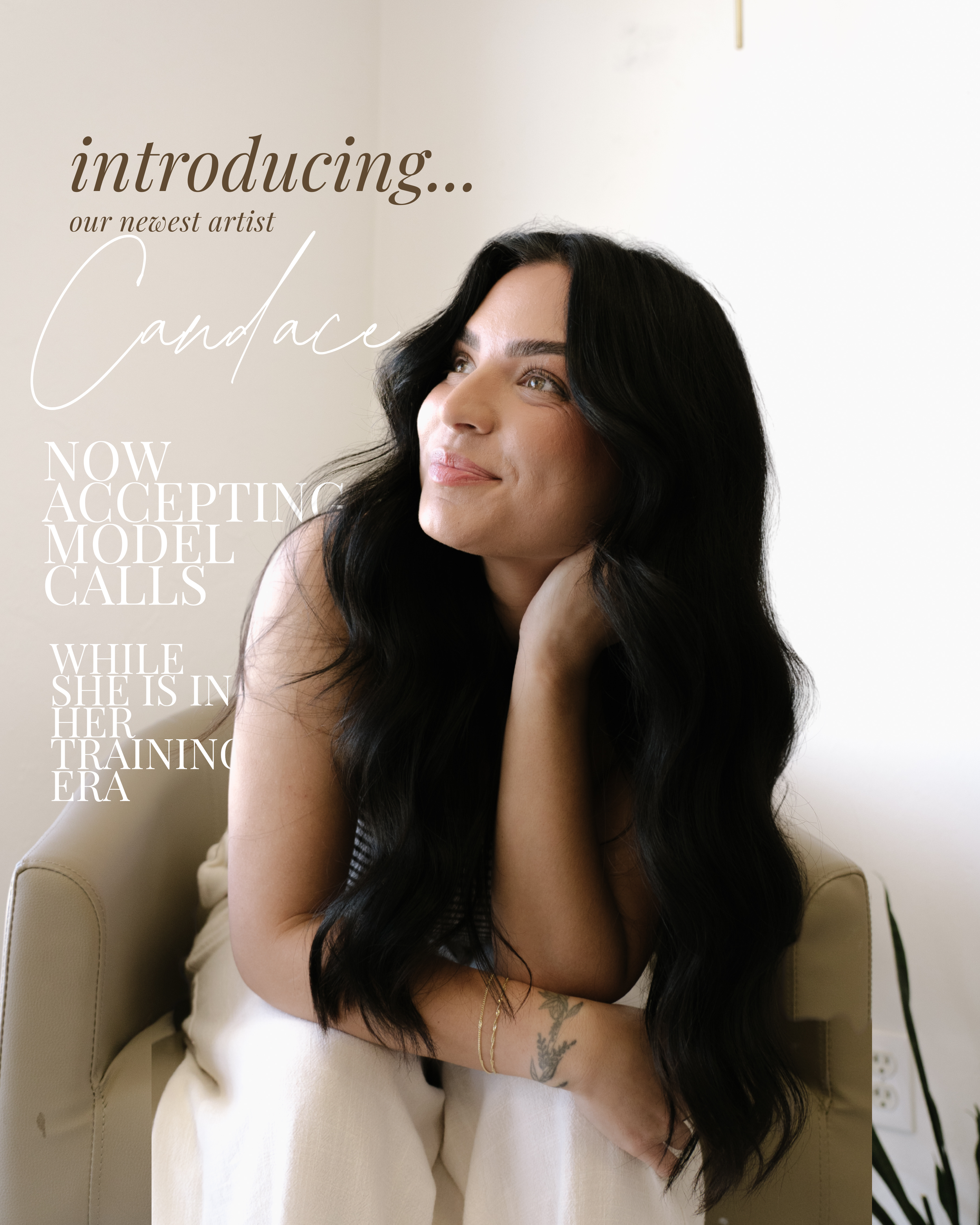 A woman with long black hair and tattoos on her arm sitting on a beige chair, smiling softly, with text introducing her as Candace, a new artist accepting model calls during her training era.