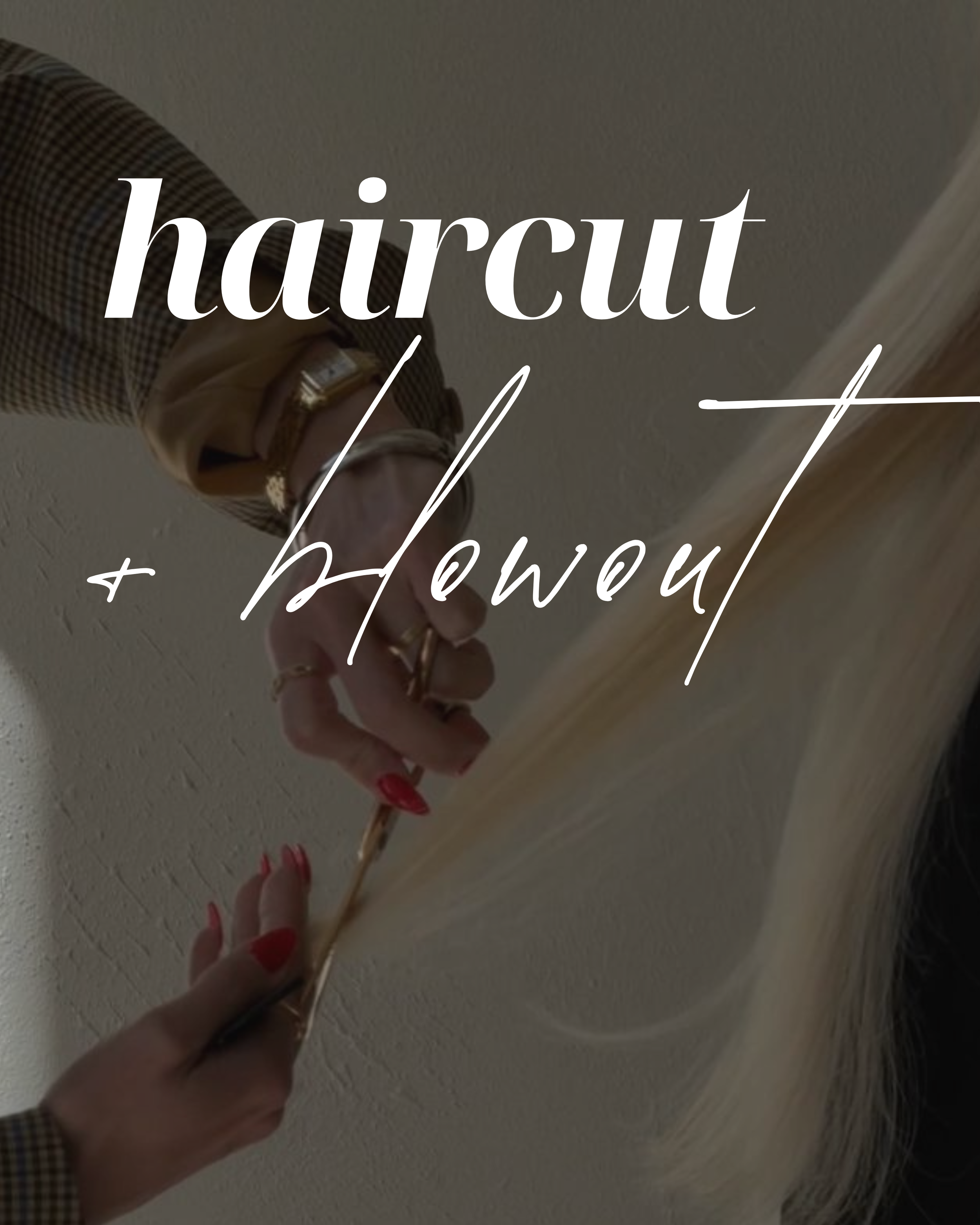 Hands with red nails holding scissors cutting blonde hair.