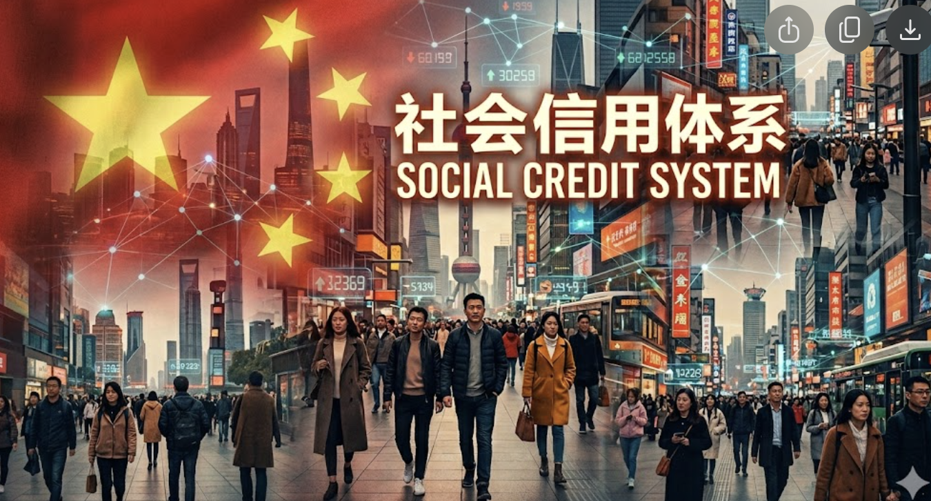 China's social credit system image mashup of Chinese people walking in cities overlayed with the Chinese flag