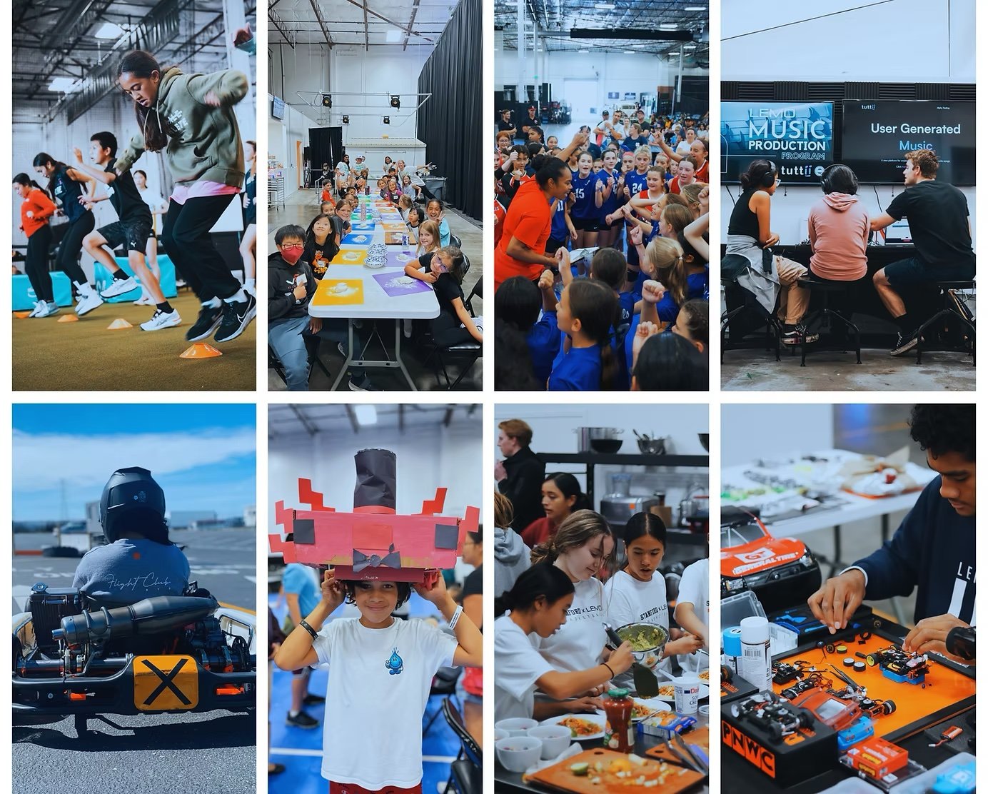 A collage of diverse people participating in various activities: children jumping over cones in a gym, kids at a craft table, children in a sports event, people in a music studio, a person riding a motorcycle, a girl wearing a handmade costume on her head, kids cooking in a kitchen, and students working on robotics projects.