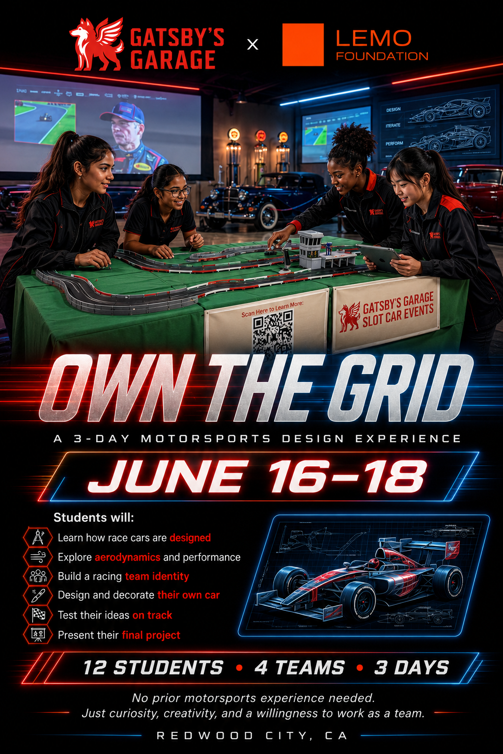Promotional poster for Gatsby's Garage slot car events from June 16-18, featuring a group of four diverse young women playing with a slot car race track. The poster includes details about the event, such as learning about race car design, exploring aerodynamics, building and decorating cars, and testing ideas on track. It highlights a three-day motorsports design experience for students, with a focus on curiosity and teamwork.