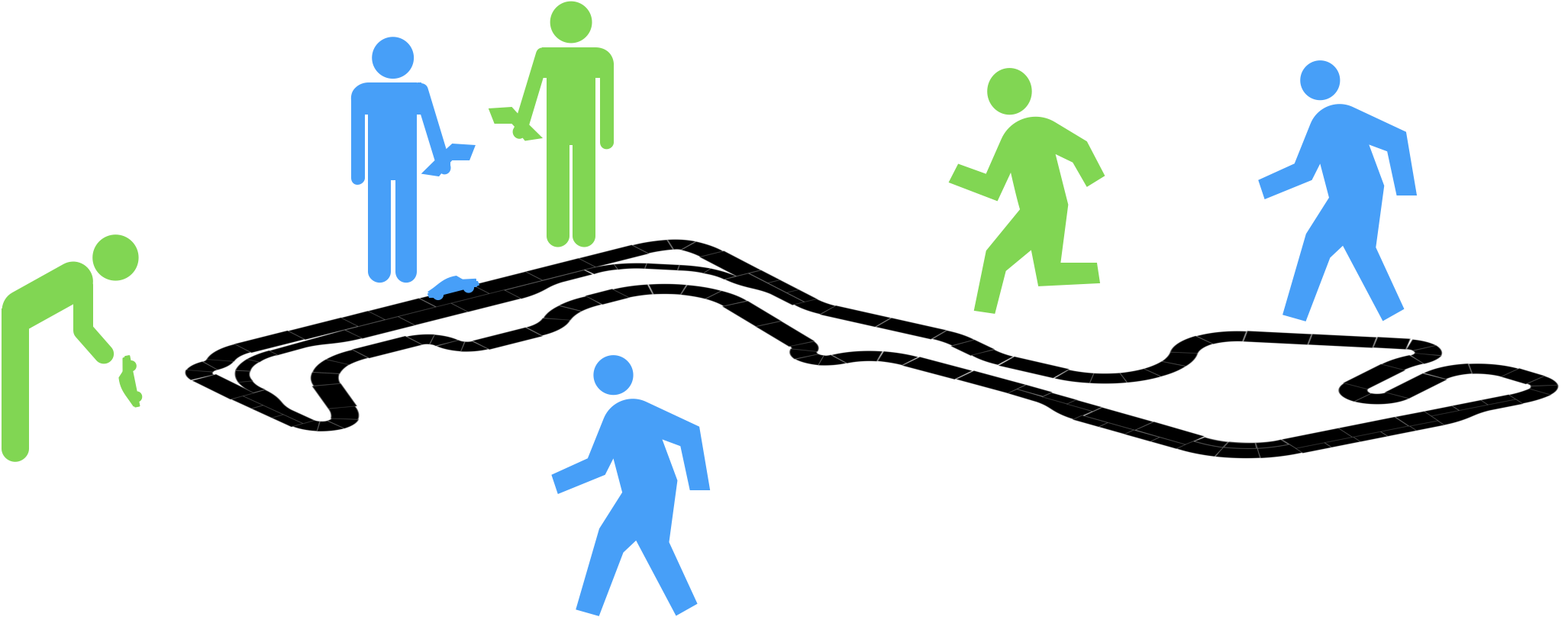 Illustration of a running track with six stylized human figures in blue and green, depicting runners, walkers, and spectators.